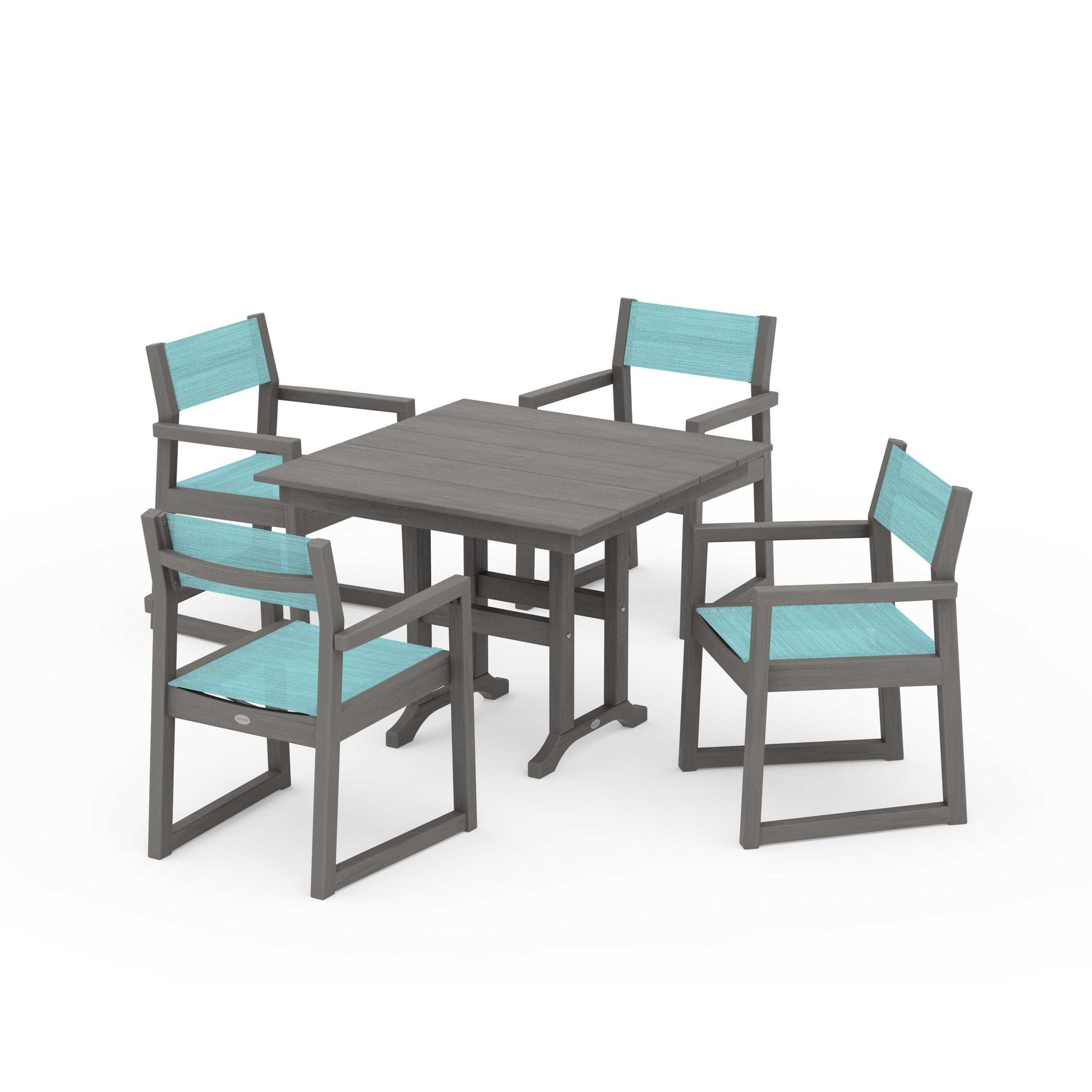 POLYWOOD EDGE Sling Arm Chair 5-Piece Farmhouse Dining Set — Driftwood / Dupioni Aquamarine Sling
