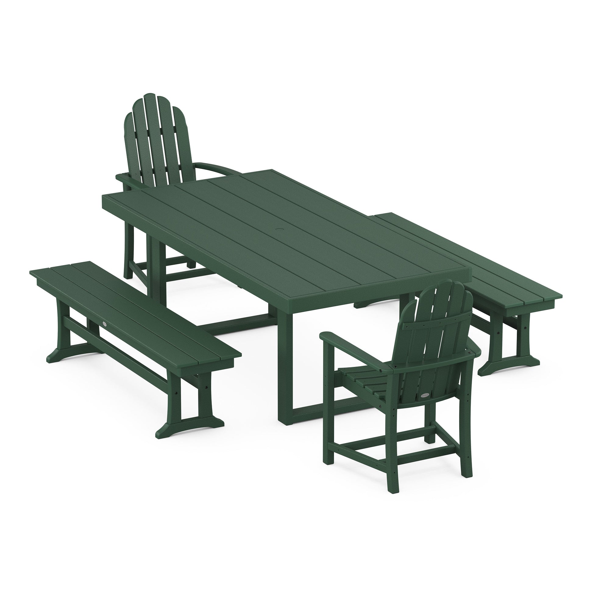 POLYWOOD Classic Adirondack 5-Piece Dining Set with Benches — Green