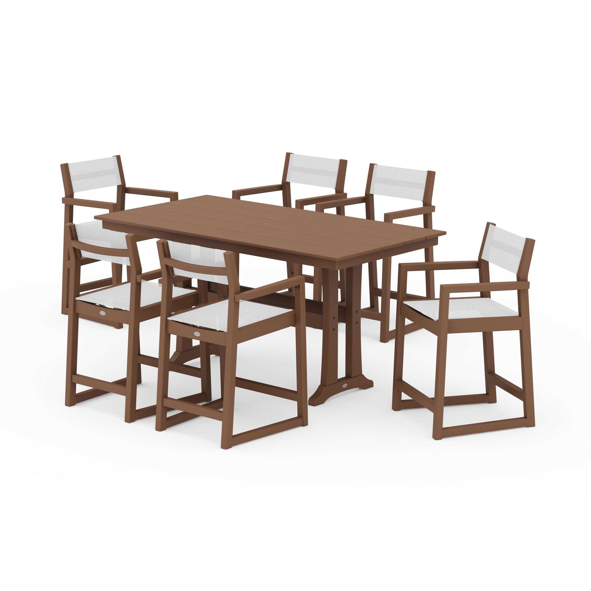 POLYWOOD EDGE Sling Arm Chair 7-Piece Farmhouse Counter Set with Trestle Legs — Teak / White Sling