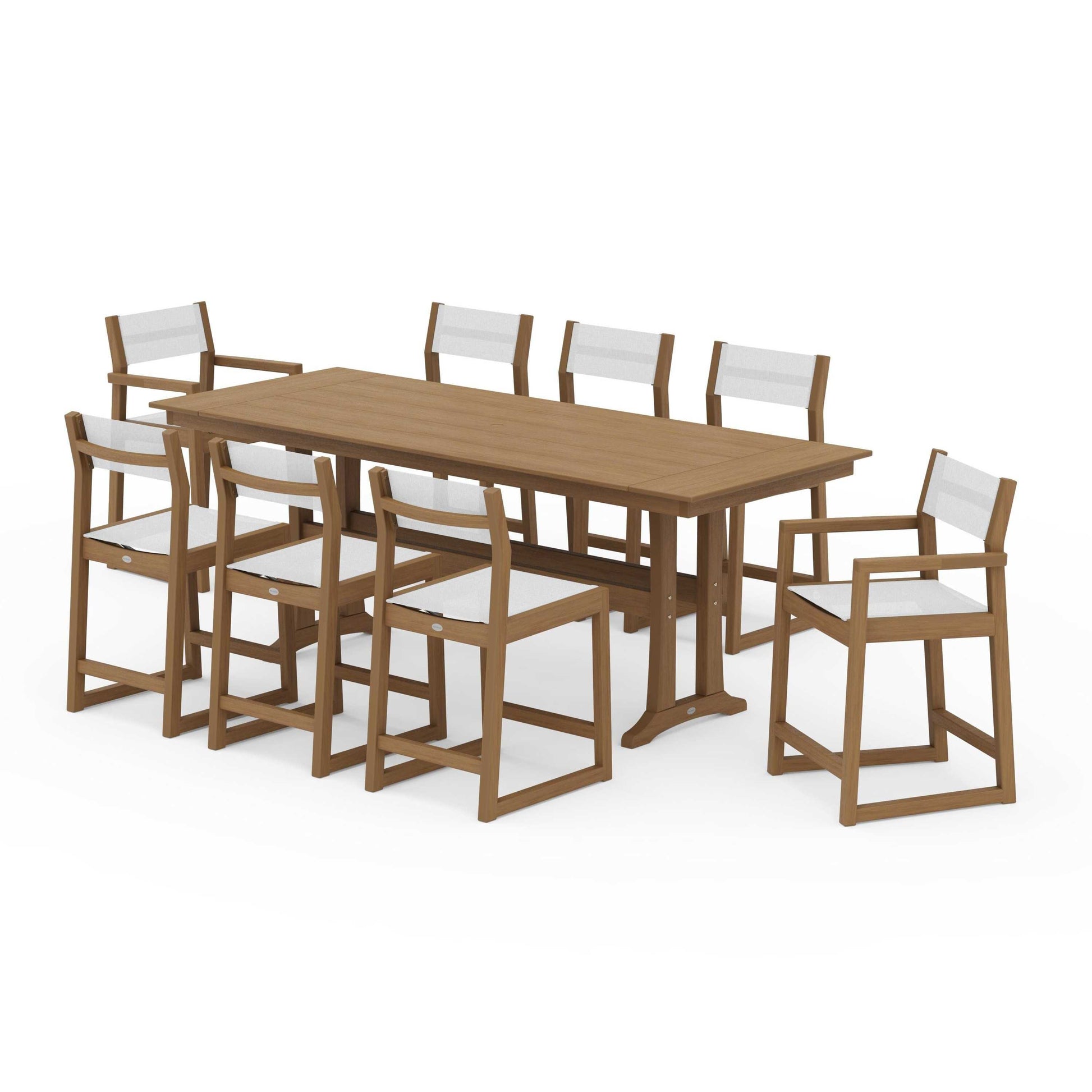 POLYWOOD EDGE Sling 9-Piece Farmhouse Counter Set with Trestle Legs — Natural / White Sling