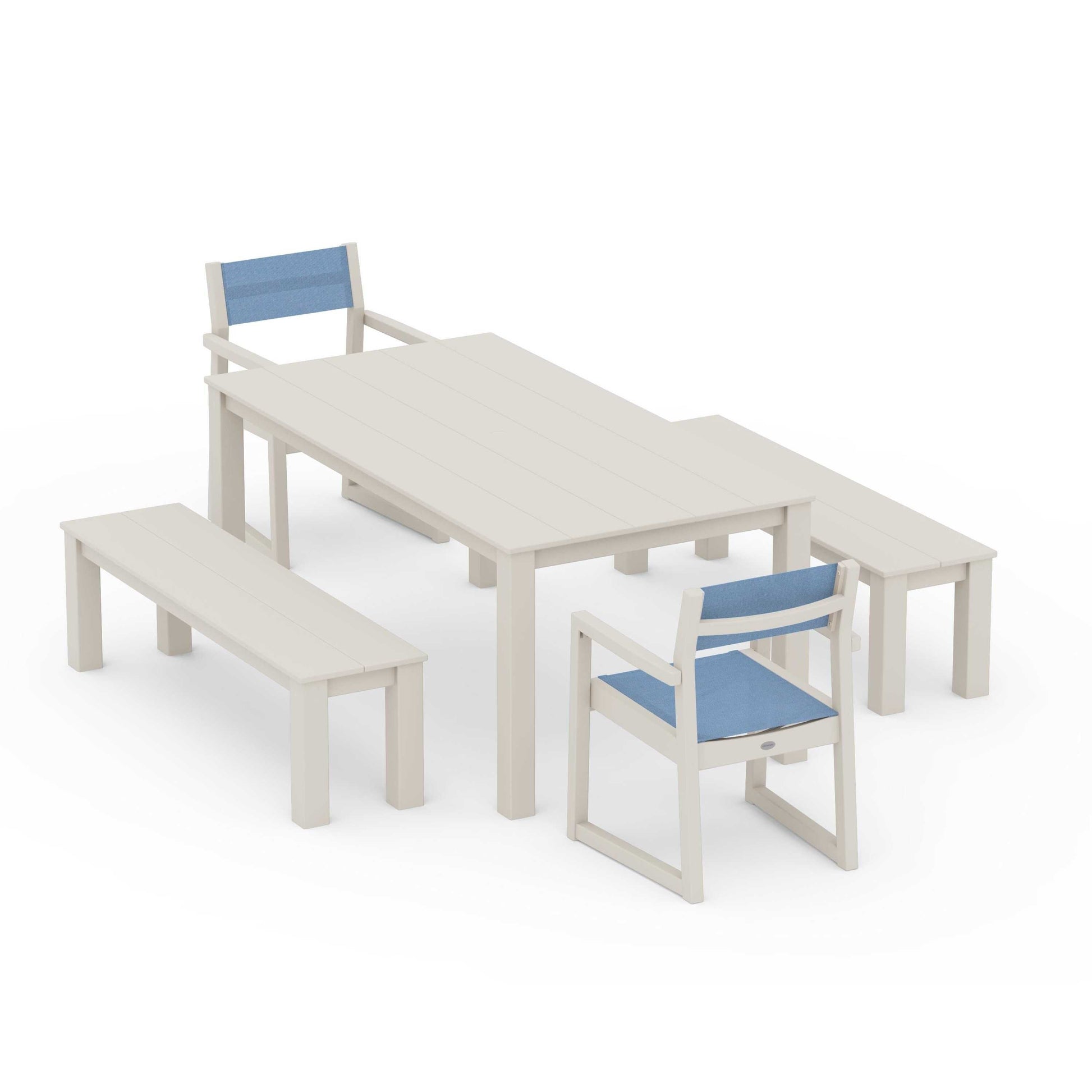 POLYWOOD EDGE Sling Arm Chair 5-Piece Parsons Dining Set with Benches — Sand / Poolside Sling
