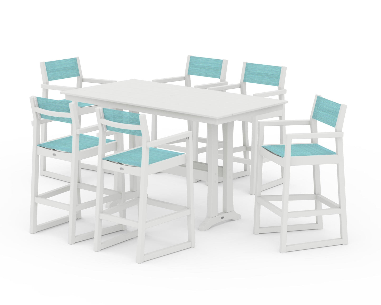 POLYWOOD EDGE Sling Arm Chair 7-Piece Farmhouse Bar Set with Trestle Legs — Vintage White / Dupioni Aquamarine Sling