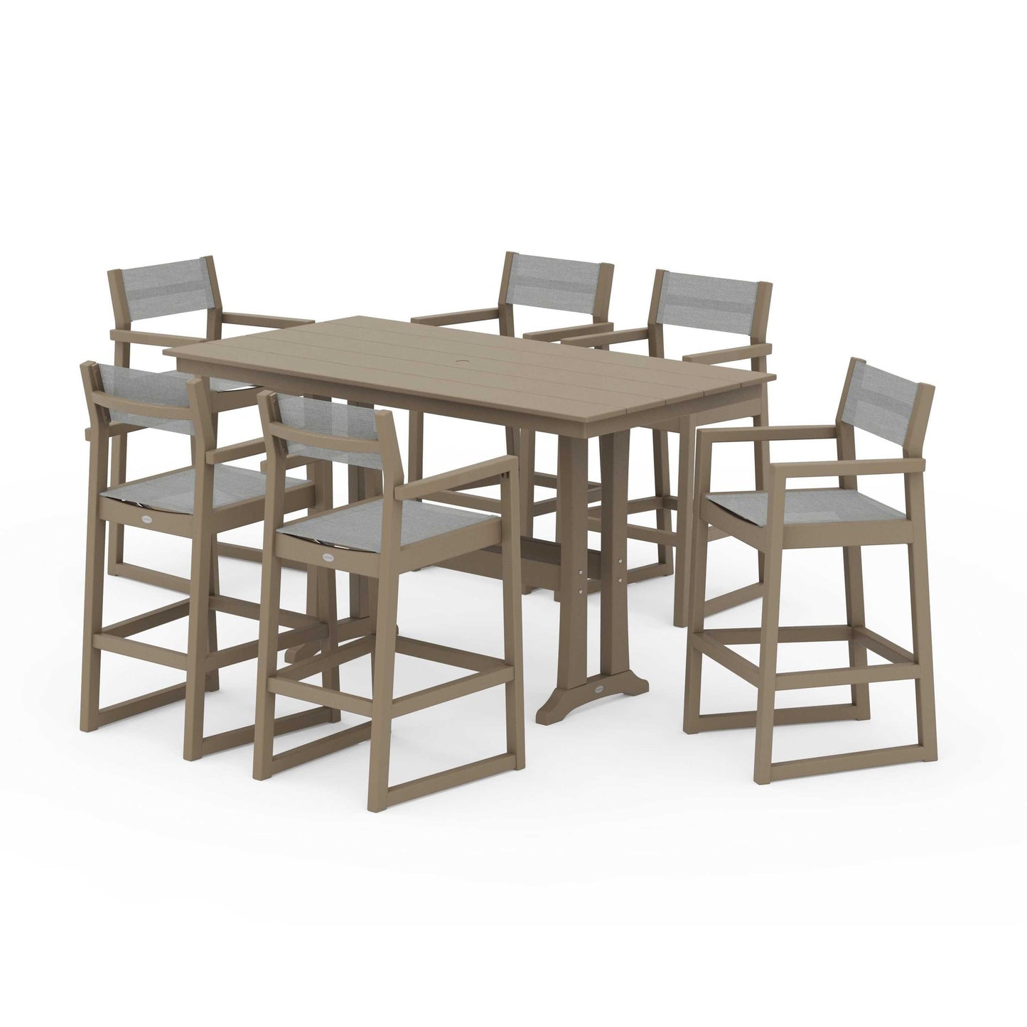 POLYWOOD EDGE Sling Arm Chair 7-Piece Farmhouse Bar Set with Trestle Legs — Vintage Sahara / Metallic Sling