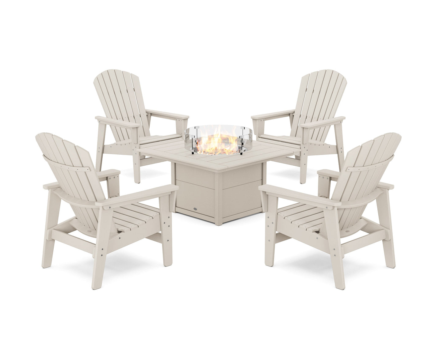POLYWOOD 5-Piece Nautical Grand Upright Adirondack Conversation Set with Fire Pit Table — Sand