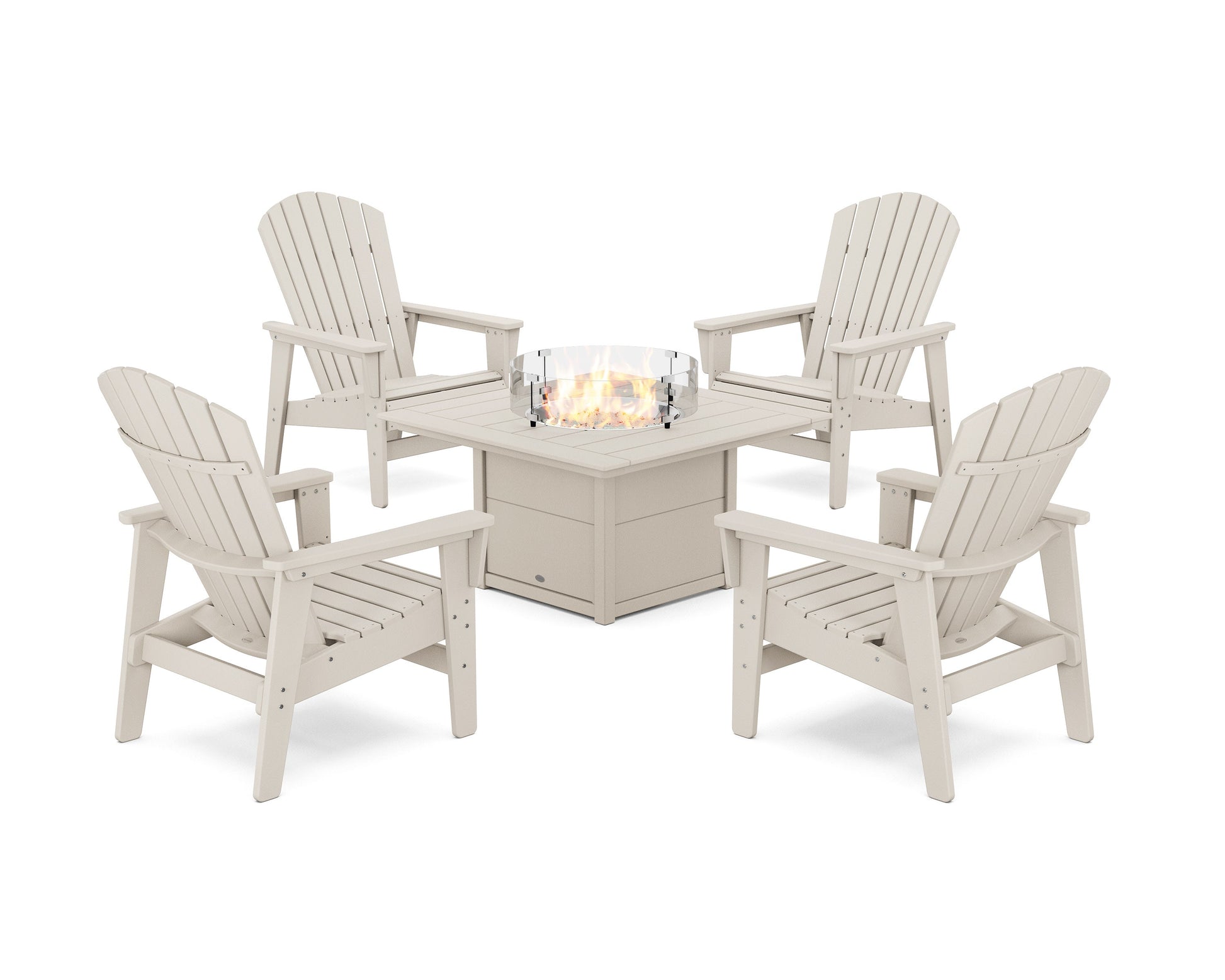 POLYWOOD 5-Piece Nautical Grand Upright Adirondack Conversation Set with Fire Pit Table — Sand