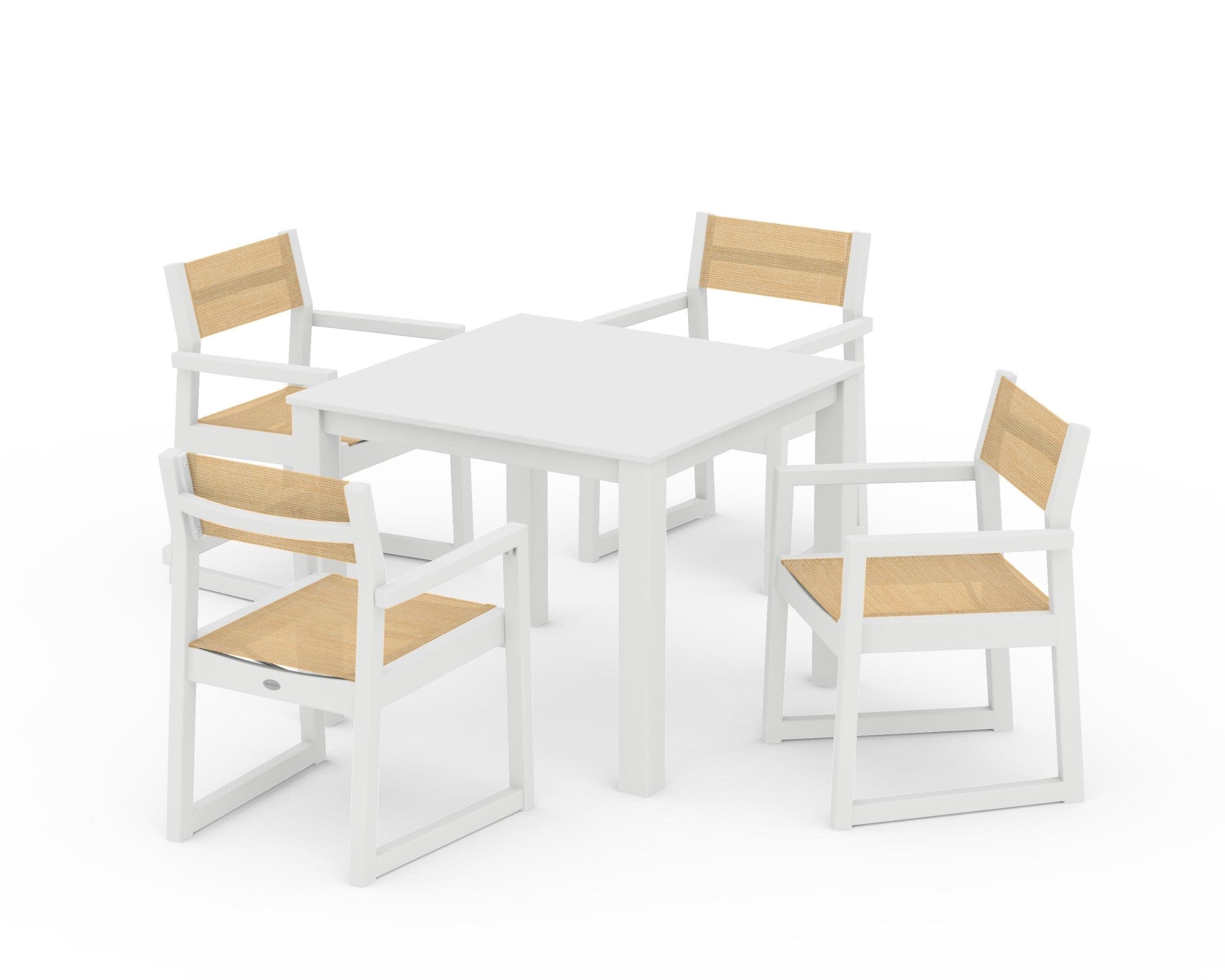 POLYWOOD EDGE Sling Arm Chair 5-Piece Parsons Dining Set — White / Dupioni Apricot Sling