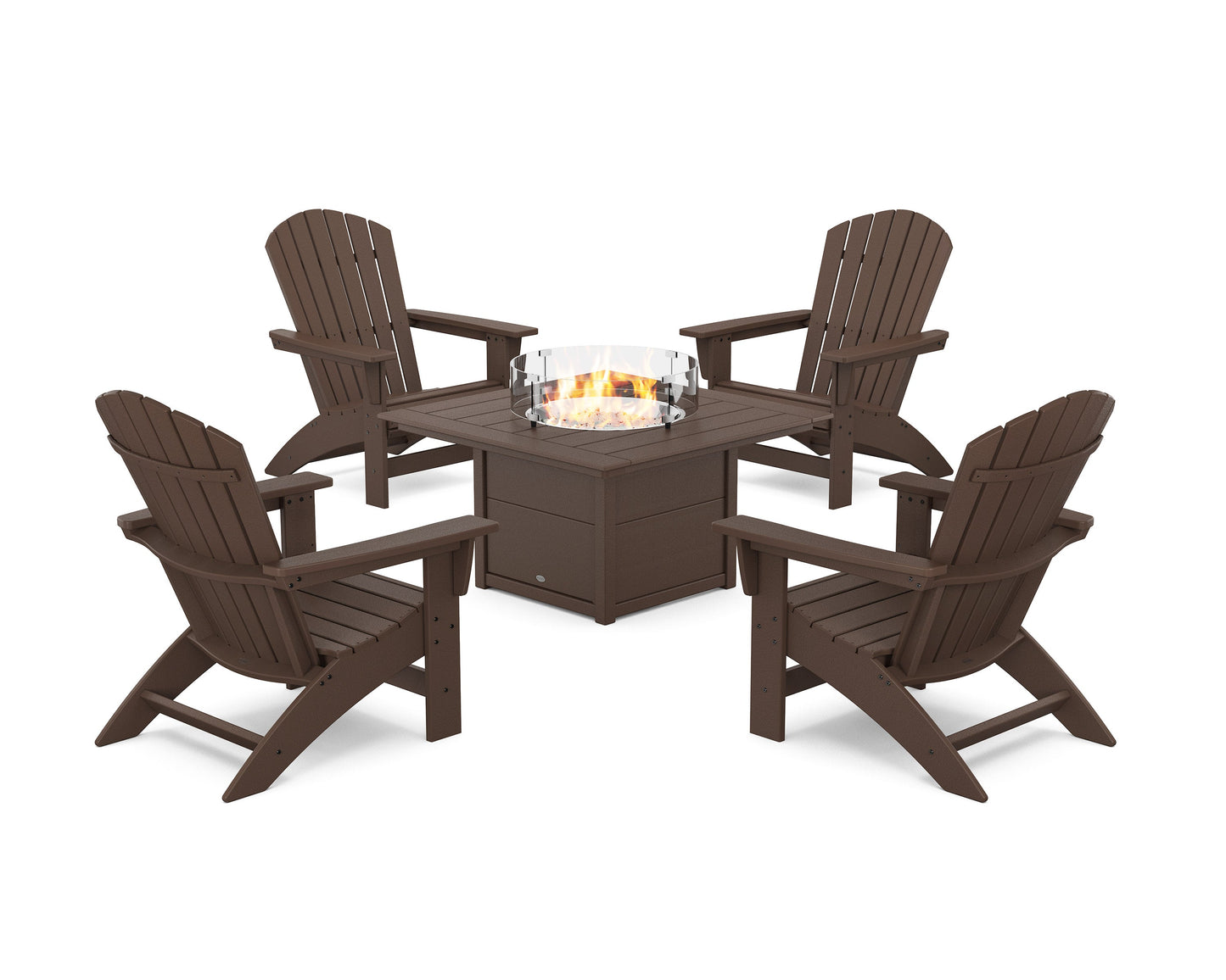 POLYWOOD 5-Piece Nautical Grand Adirondack Conversation Set with Fire Pit Table — Mahogany