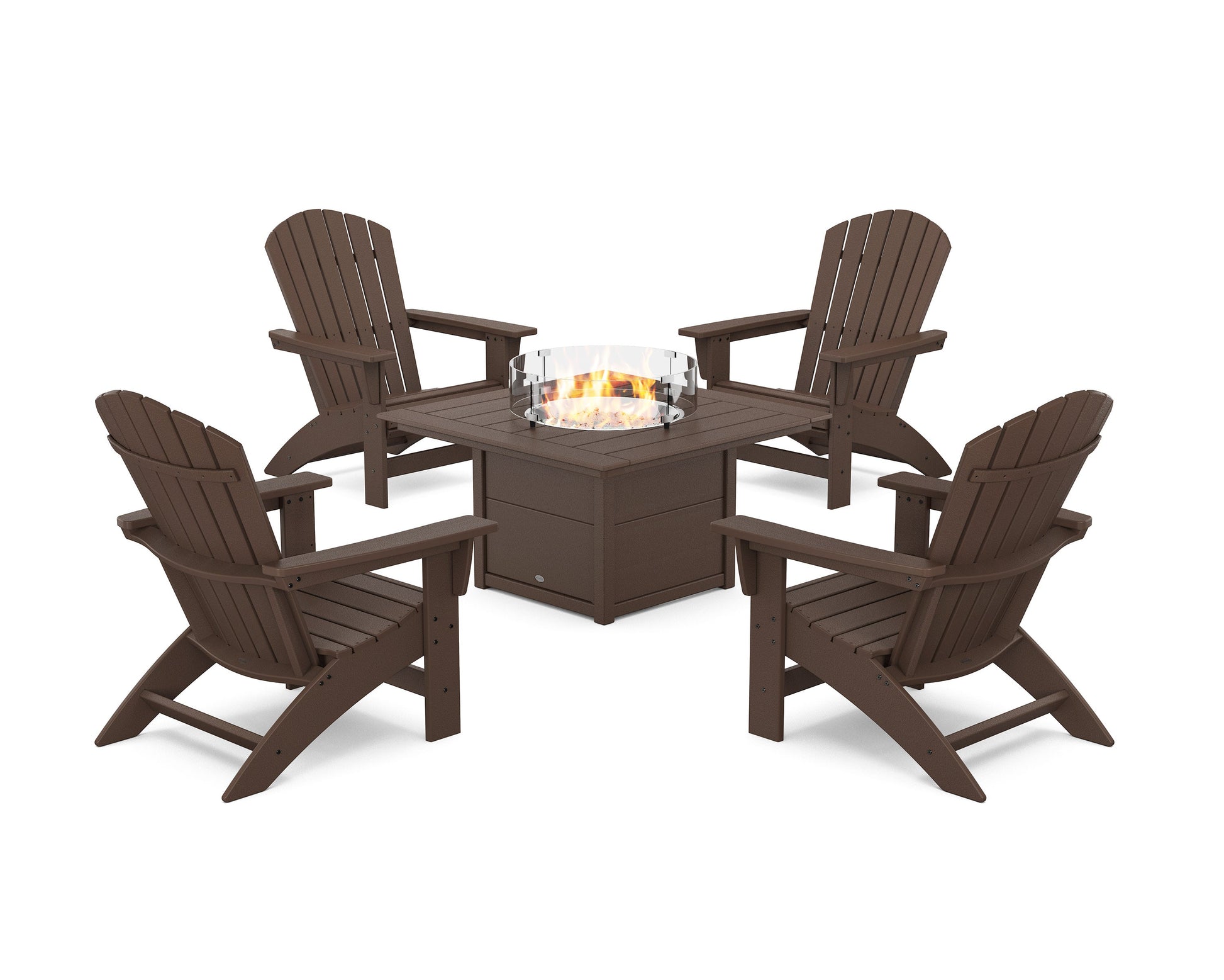 POLYWOOD 5-Piece Nautical Grand Adirondack Conversation Set with Fire Pit Table — Mahogany