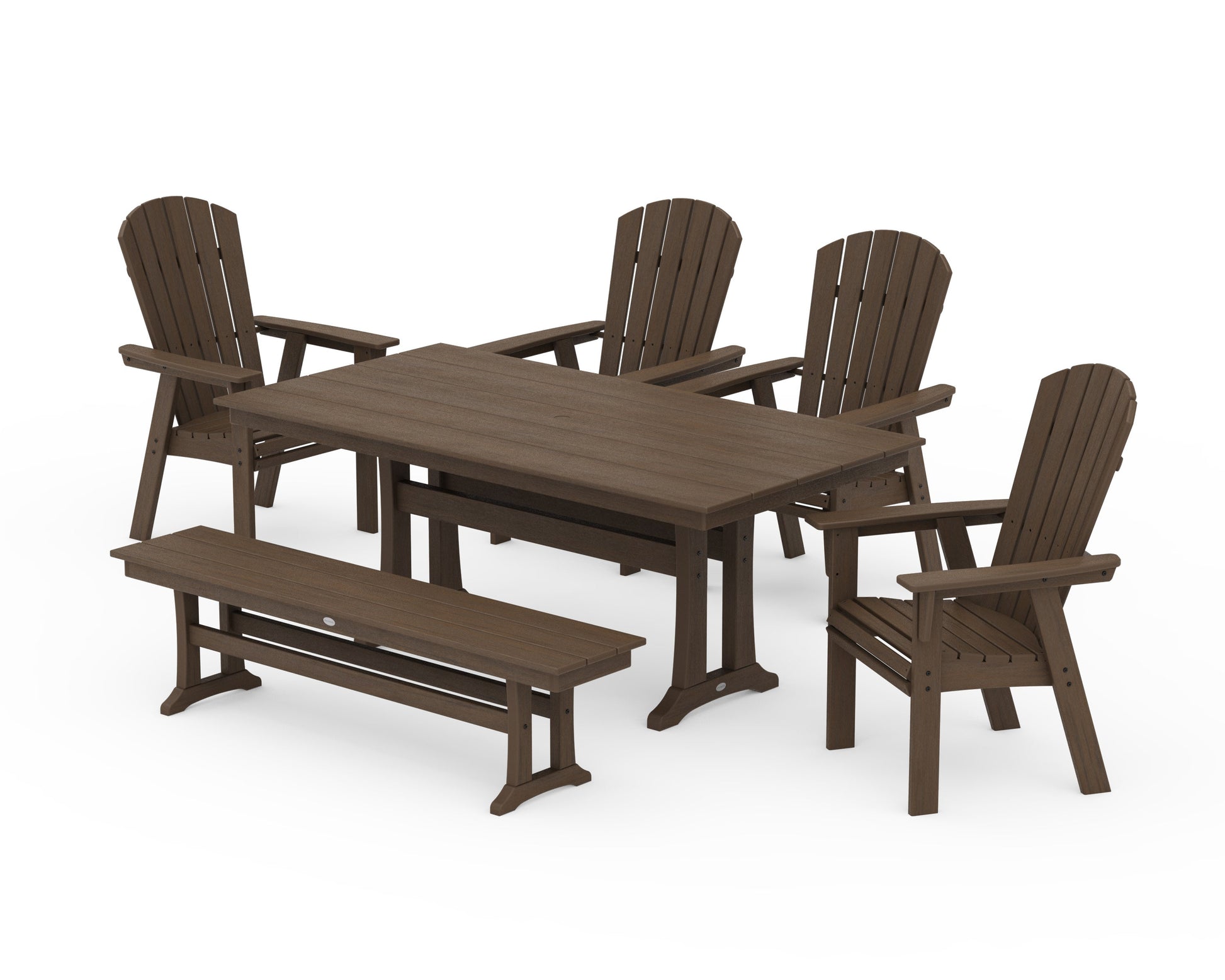 POLYWOOD Nautical Curveback Adirondack 6-Piece Farmhouse Dining Set with Trestle Legs and Bench — Kona