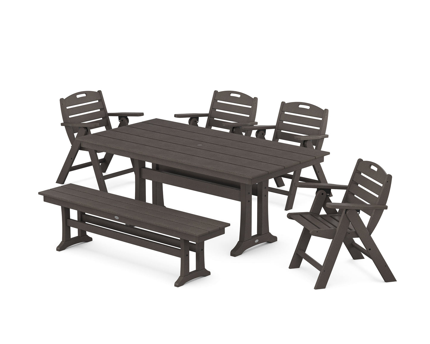 POLYWOOD Nautical Lowback 6-Piece Farmhouse Dining Set with Trestle Legs and Bench — Vintage Coffee