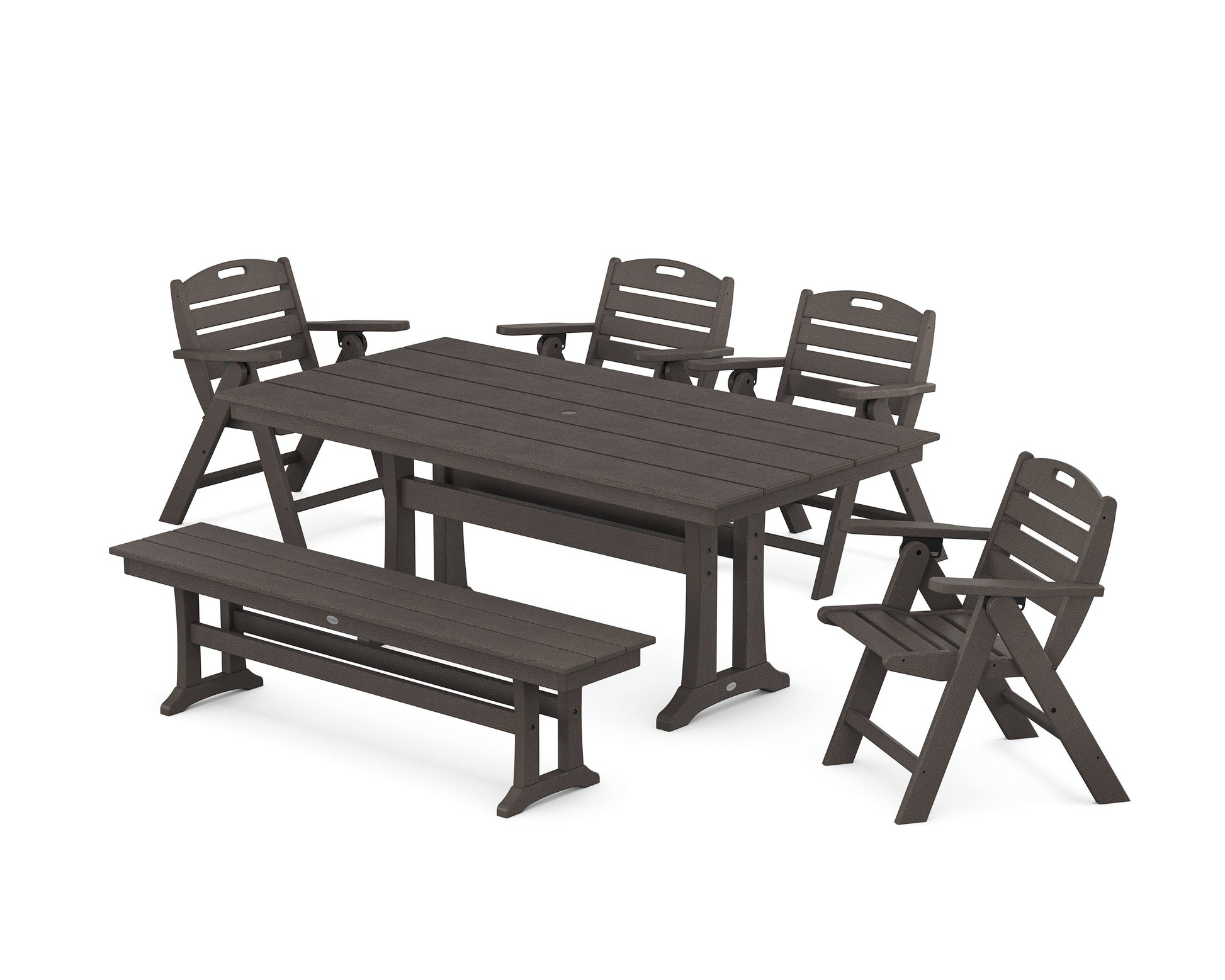 POLYWOOD Nautical Lowback 6-Piece Farmhouse Dining Set with Trestle Legs and Bench — Vintage Coffee
