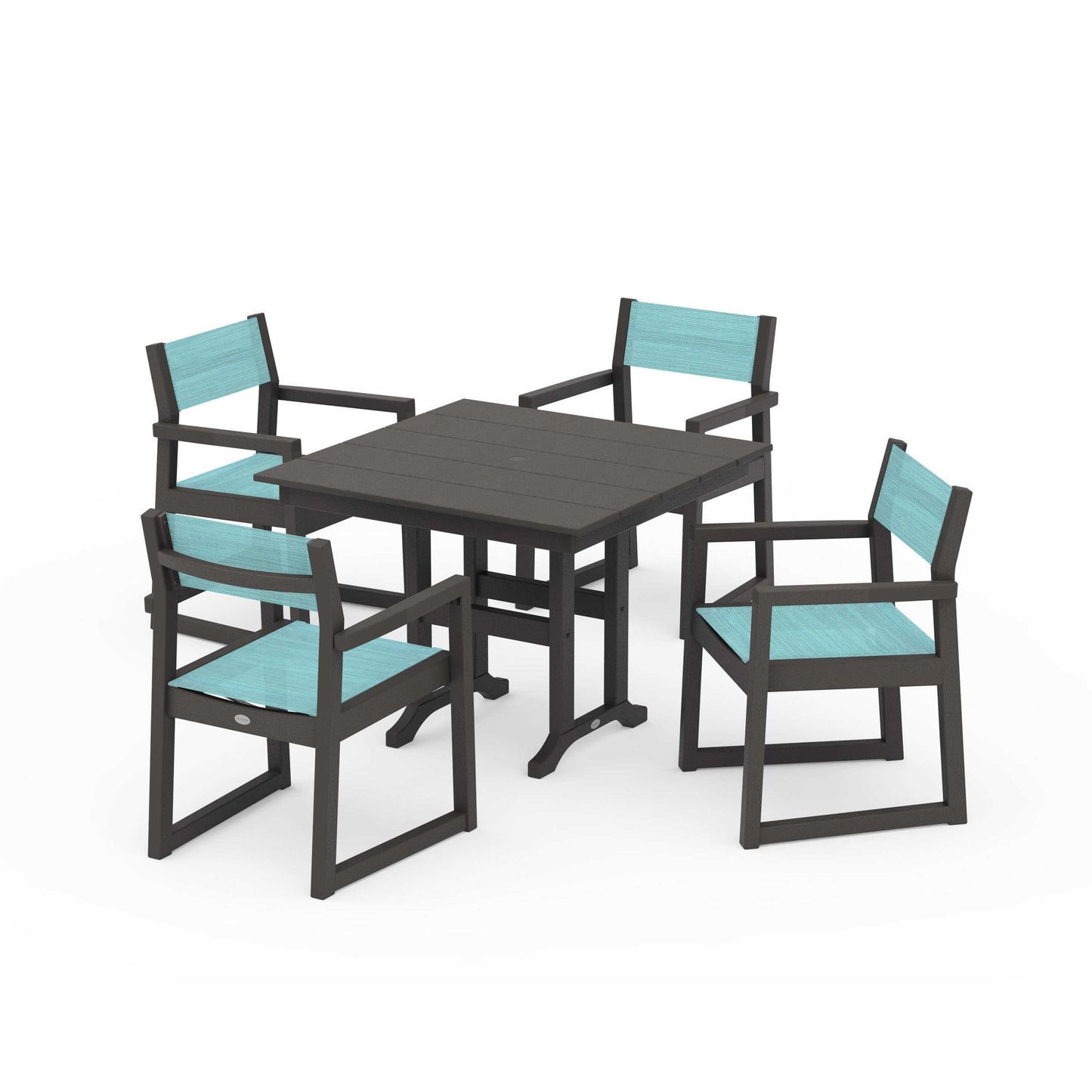 POLYWOOD EDGE Sling Arm Chair 5-Piece Farmhouse Dining Set — Vintage Coffee / Dupioni Aquamarine Sling