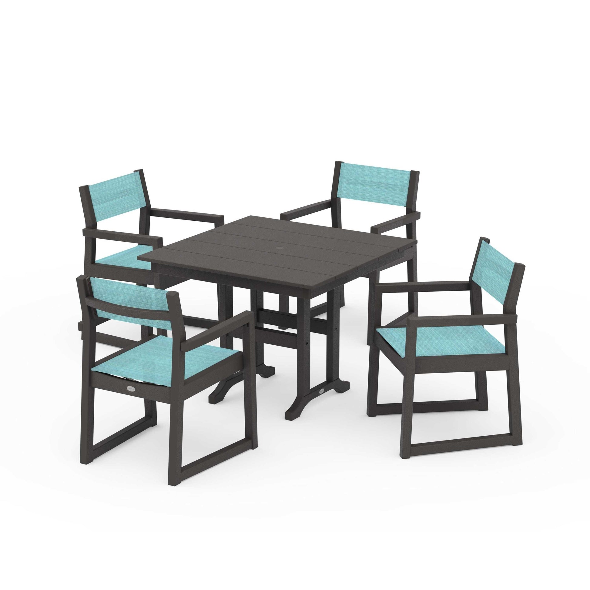 POLYWOOD EDGE Sling Arm Chair 5-Piece Farmhouse Dining Set — Vintage Coffee / Dupioni Aquamarine Sling