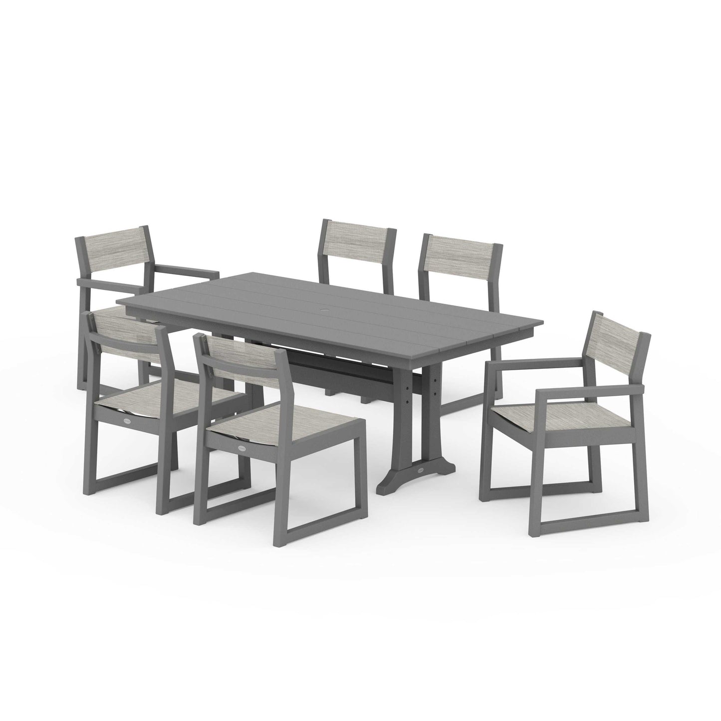 POLYWOOD EDGE Sling 7-Piece Farmhouse Trestle Dining Set — Slate Grey / Birch Sling