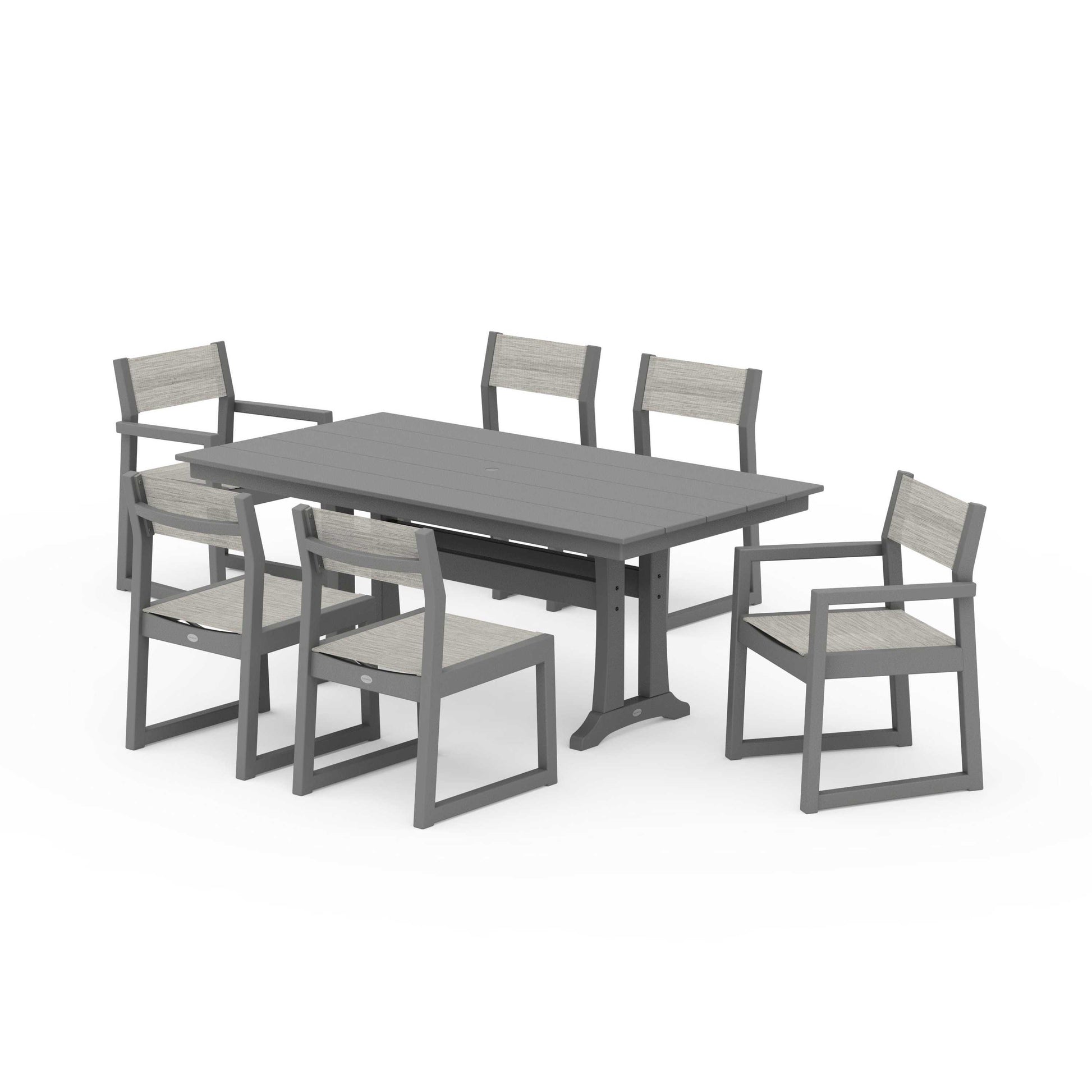 POLYWOOD EDGE Sling 7-Piece Farmhouse Trestle Dining Set — Slate Grey / Birch Sling
