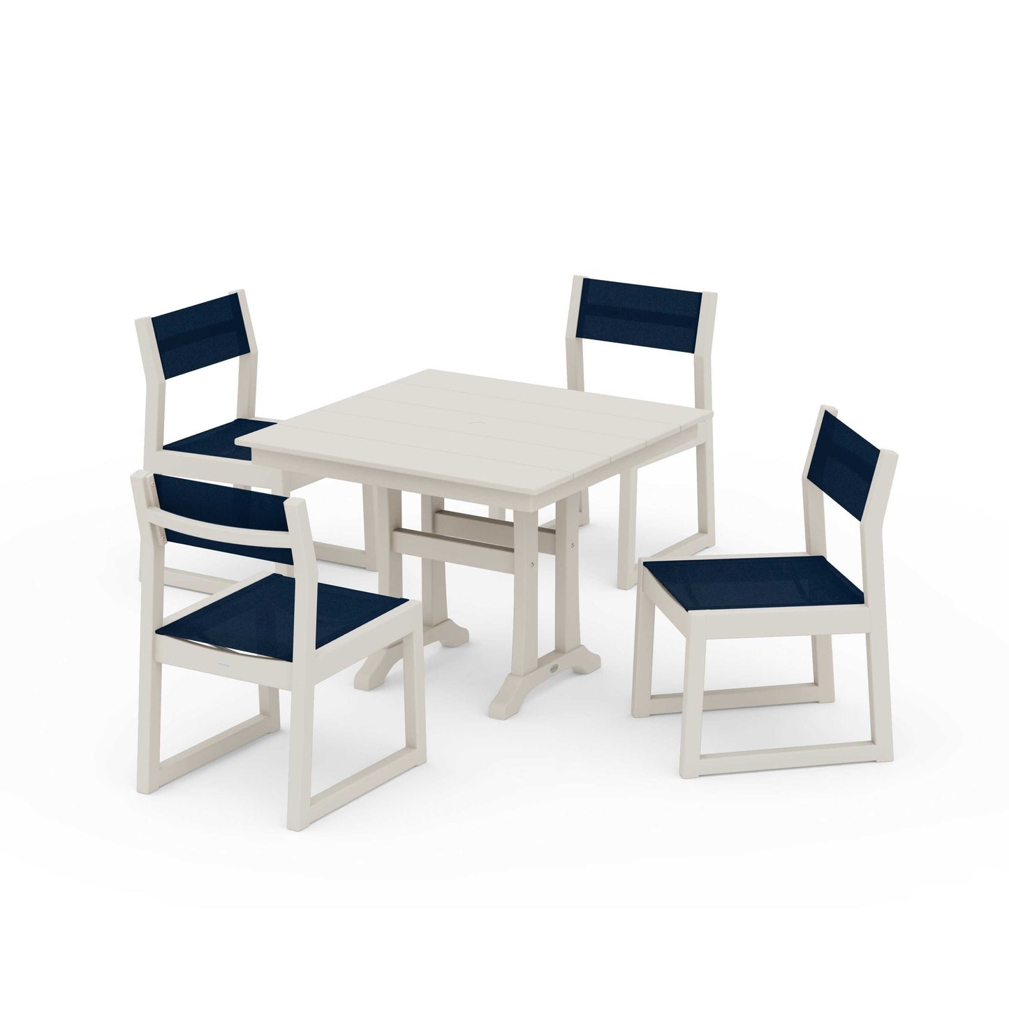 POLYWOOD EDGE Sling 5-Piece Farmhouse Trestle Side Chair Dining Set — Sand / Navy Blue Sling