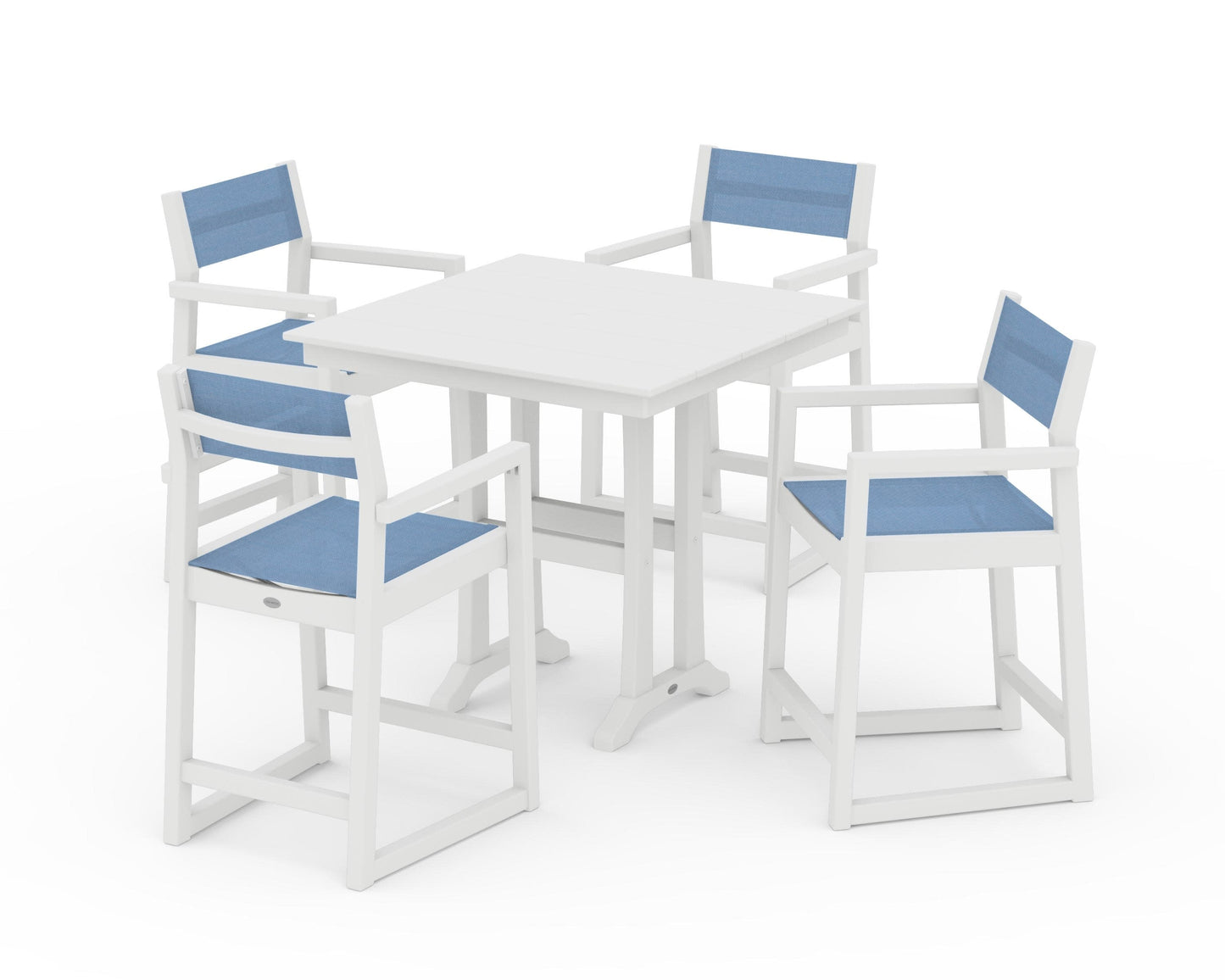 POLYWOOD EDGE Sling Arm Chair 5-Piece Farmhouse Counter Set with Trestle Legs — White / Poolside Sling
