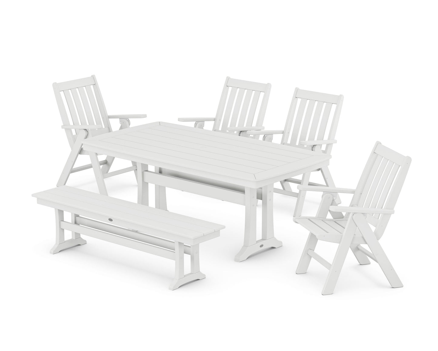 POLYWOOD Vineyard Folding Chair 6-Piece Dining Set with Trestle Legs and Bench — White