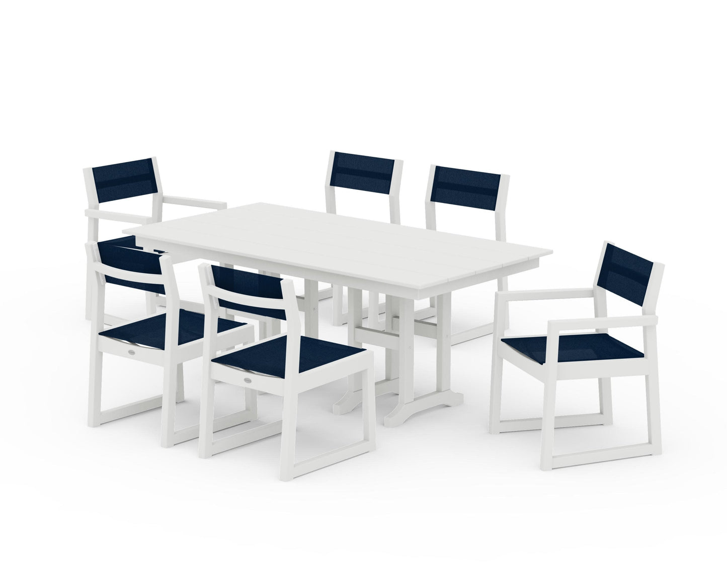 POLYWOOD EDGE Sling 7-Piece Farmhouse Dining Set — Vintage White / Navy Blue Sling