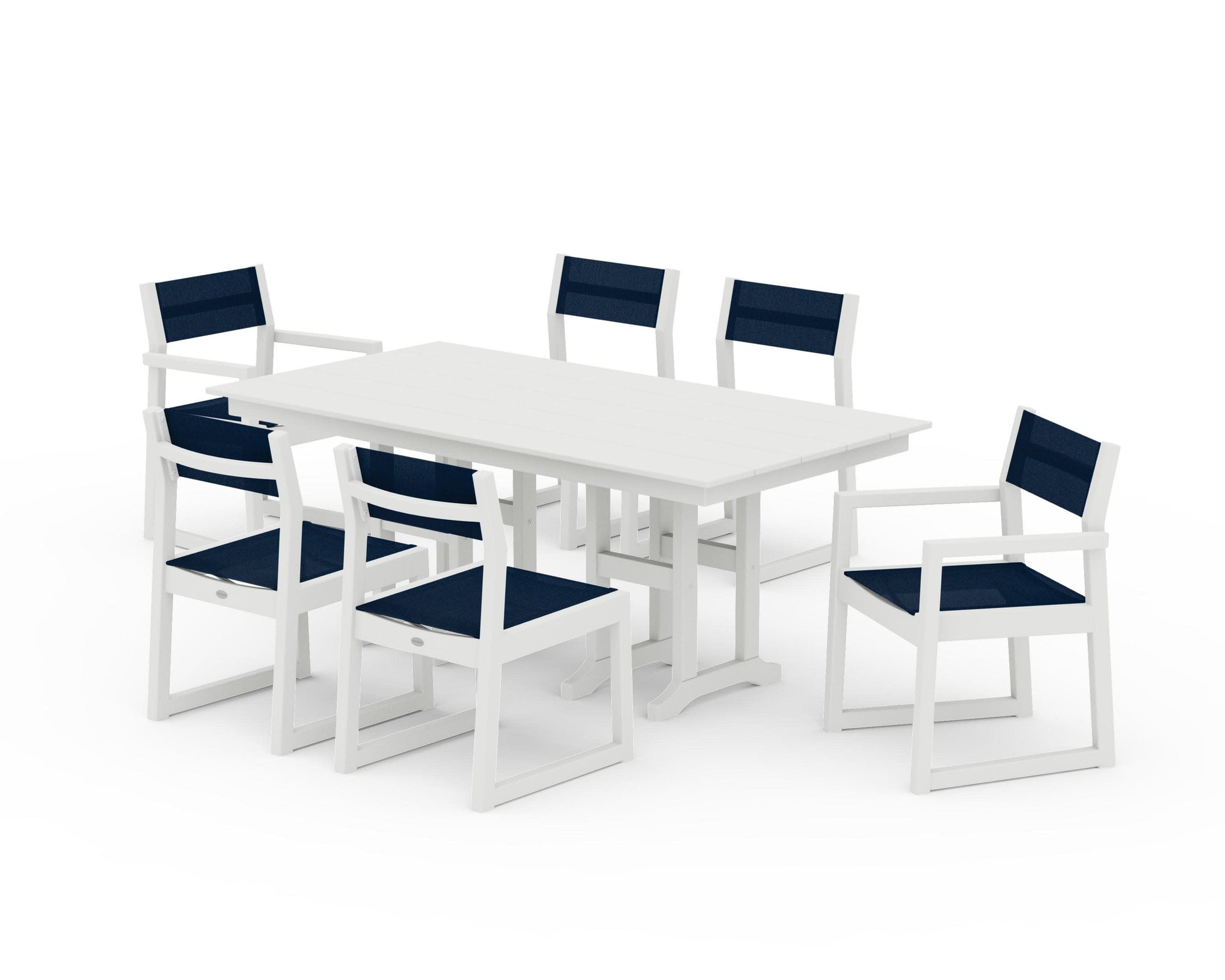 POLYWOOD EDGE Sling 7-Piece Farmhouse Dining Set — Vintage White / Navy Blue Sling