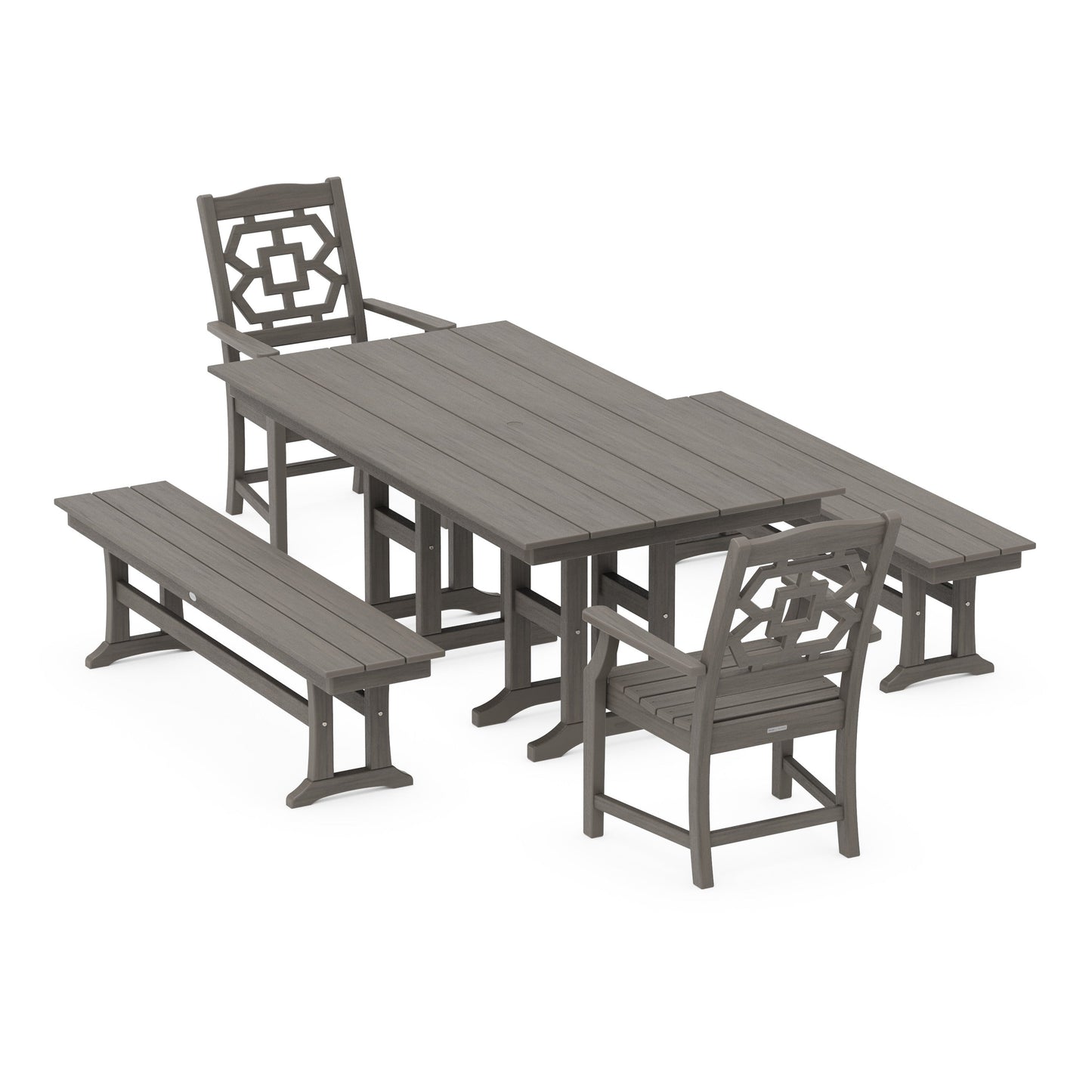 POLYWOOD Chinoiserie 5-Piece Farmhouse Dining Set with Benches — Driftwood