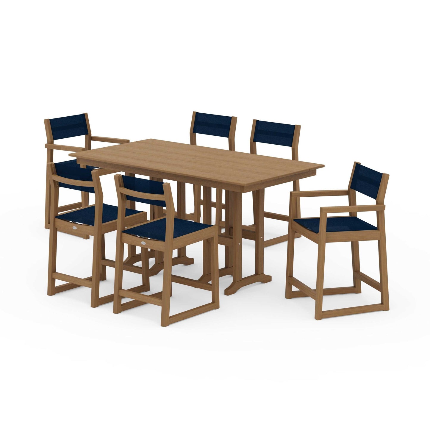 POLYWOOD EDGE Sling 7-Piece Farmhouse Counter Set with Trestle Legs — Natural / Navy Blue Sling