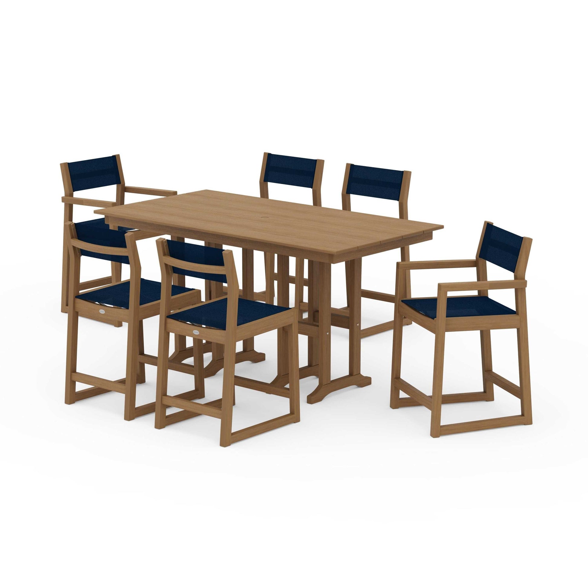 POLYWOOD EDGE Sling 7-Piece Farmhouse Counter Set with Trestle Legs — Natural / Navy Blue Sling