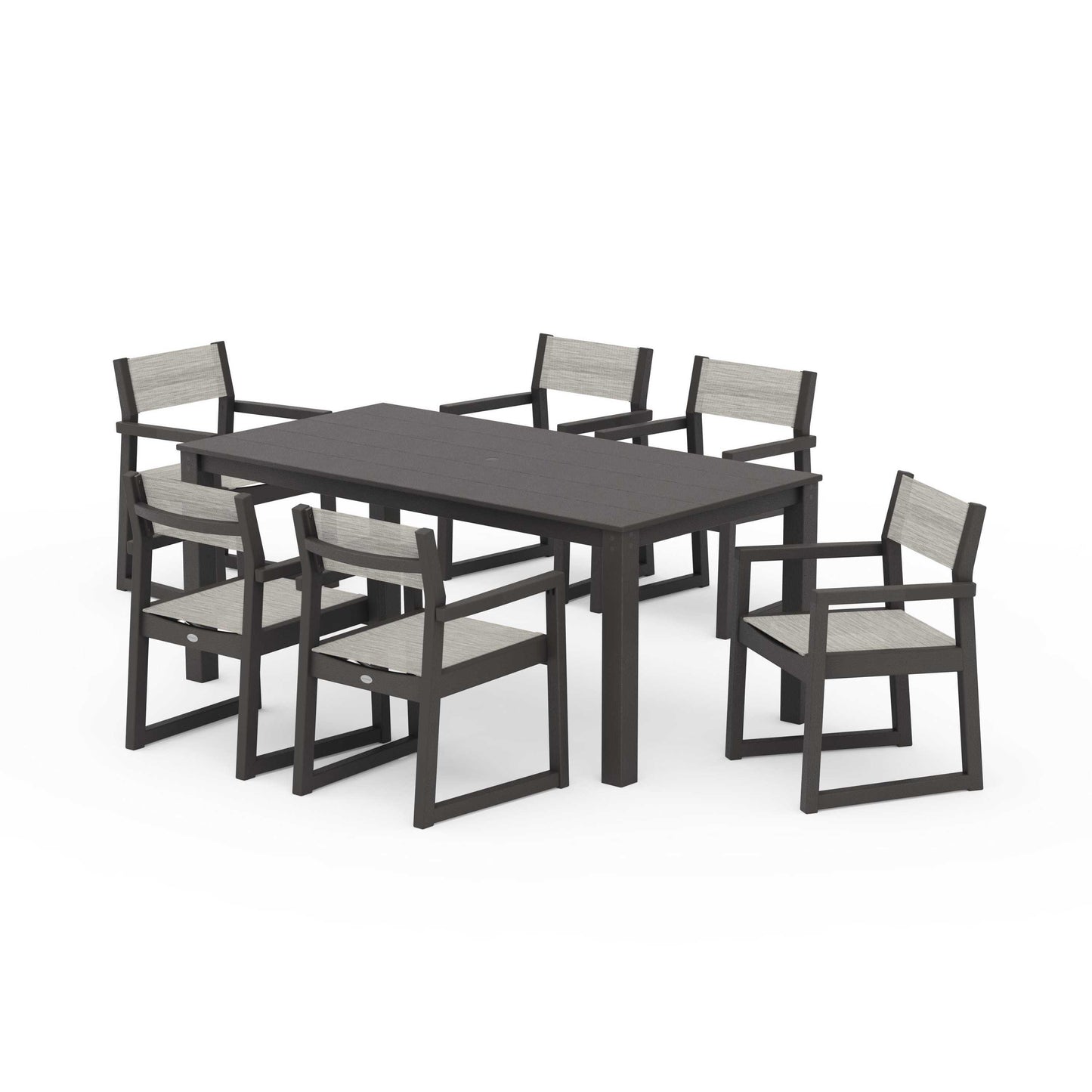 POLYWOOD EDGE Sling Arm Chair 7-Piece Parsons Dining Set — Vintage Coffee / Birch Sling