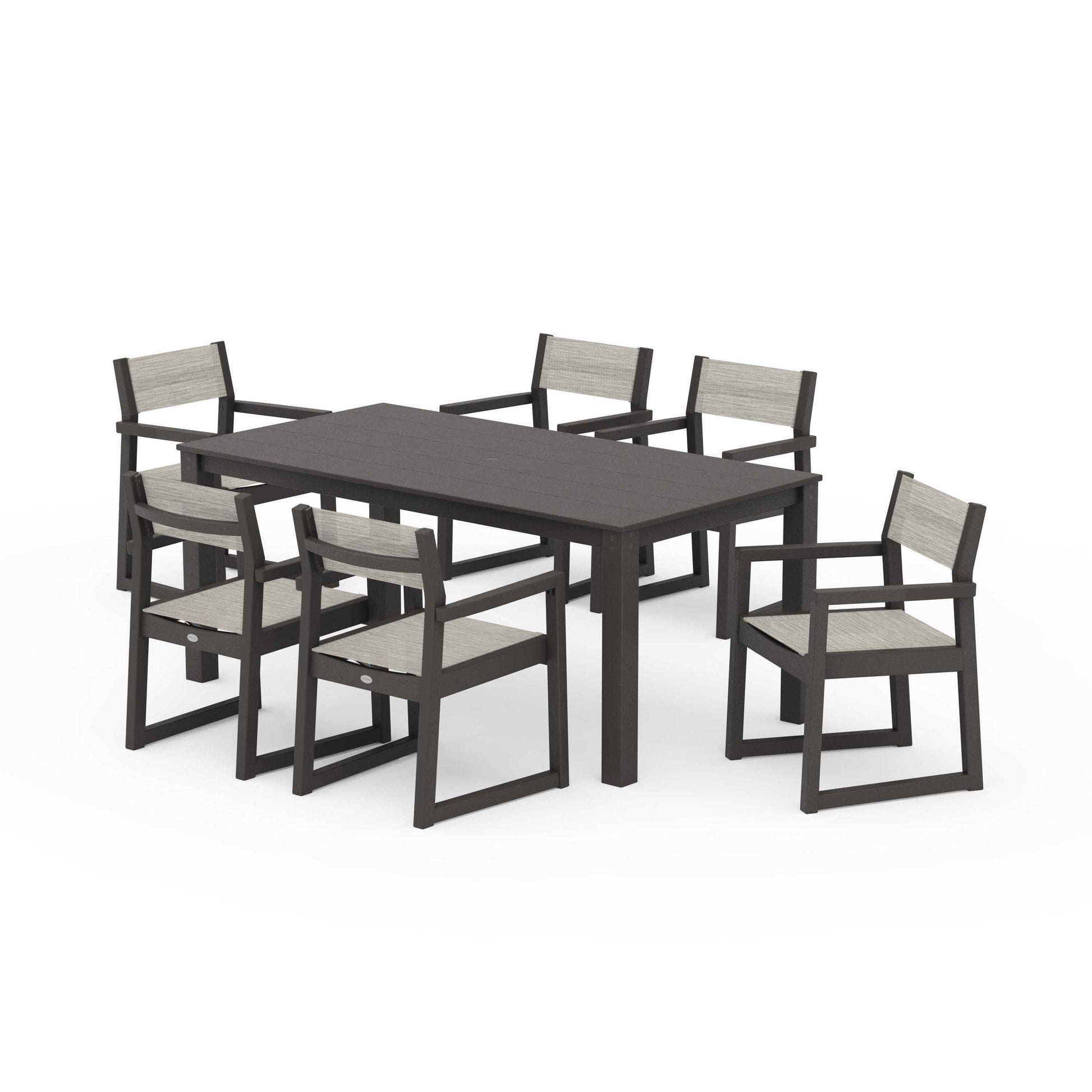POLYWOOD EDGE Sling Arm Chair 7-Piece Parsons Dining Set — Vintage Coffee / Birch Sling