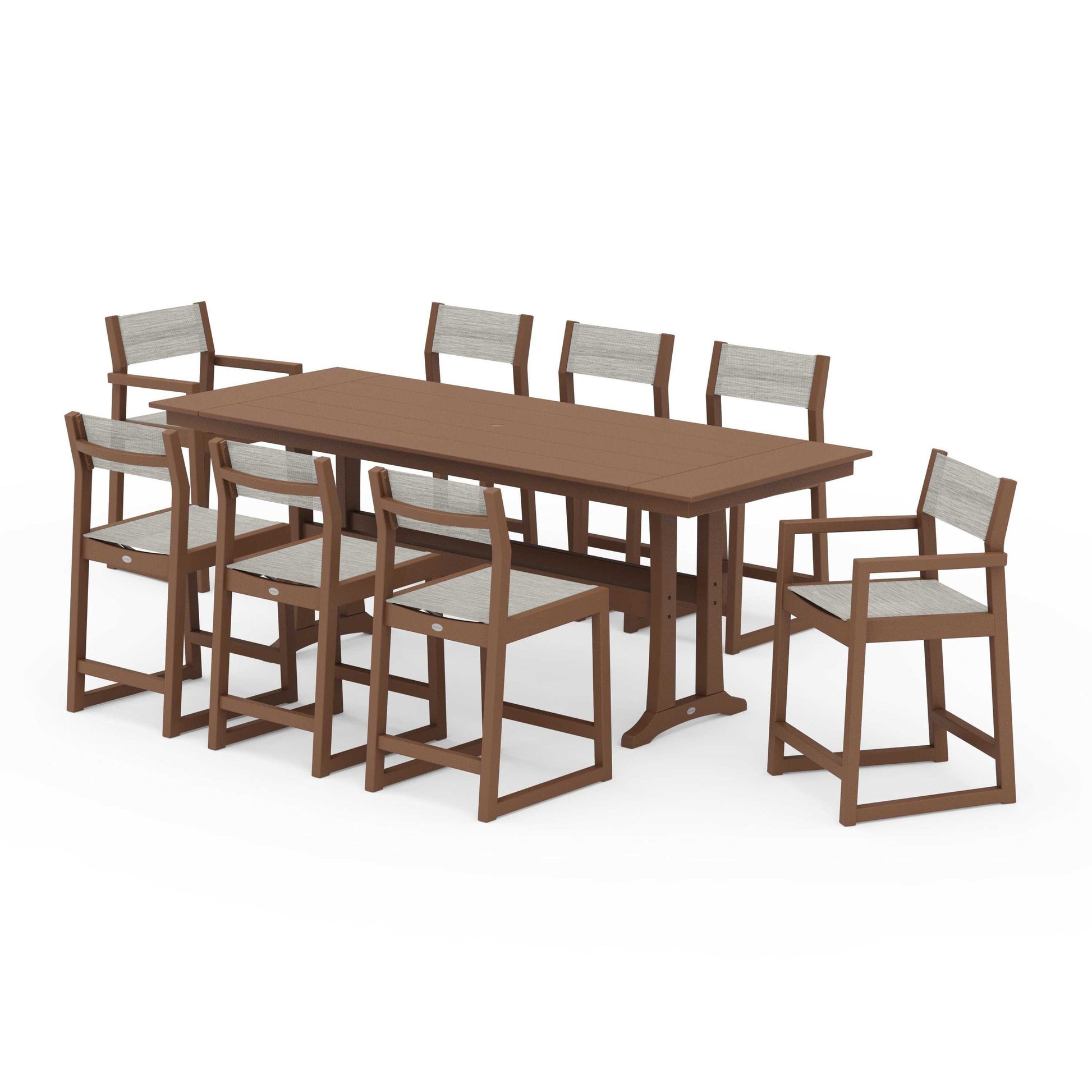 POLYWOOD EDGE Sling 9-Piece Farmhouse Counter Set with Trestle Legs — Teak / Birch Sling