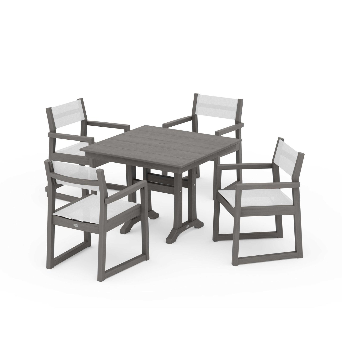 POLYWOOD EDGE Sling 5-Piece Farmhouse Dining Set with Trestle Legs — Driftwood / White Sling