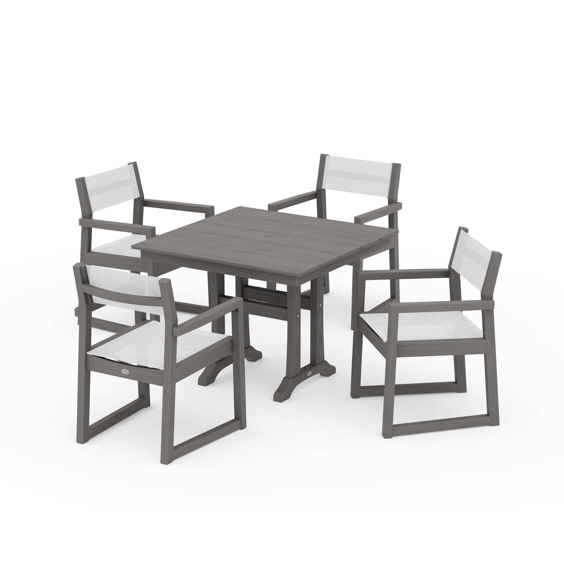 POLYWOOD EDGE Sling 5-Piece Farmhouse Dining Set with Trestle Legs — Driftwood / White Sling