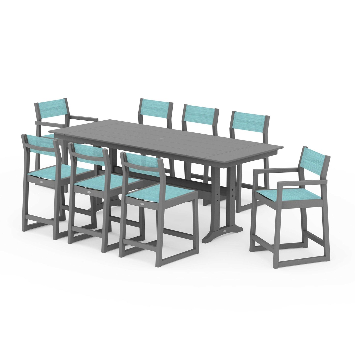 POLYWOOD EDGE Sling 9-Piece Farmhouse Counter Set with Trestle Legs — Slate Grey / Dupioni Aquamarine Sling