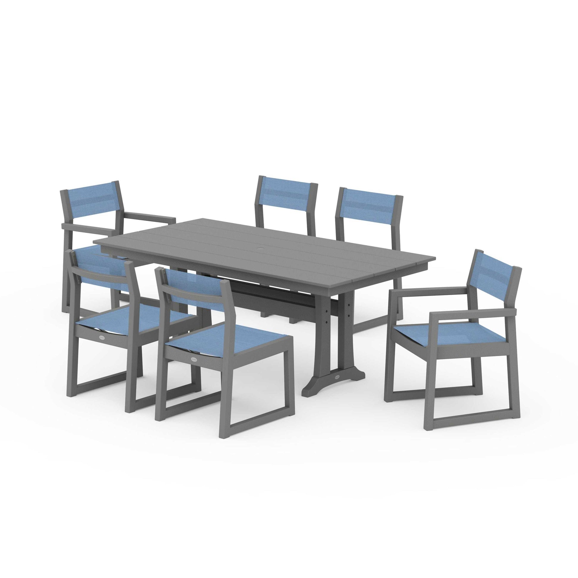POLYWOOD EDGE Sling 7-Piece Farmhouse Trestle Dining Set — Slate Grey / Poolside Sling