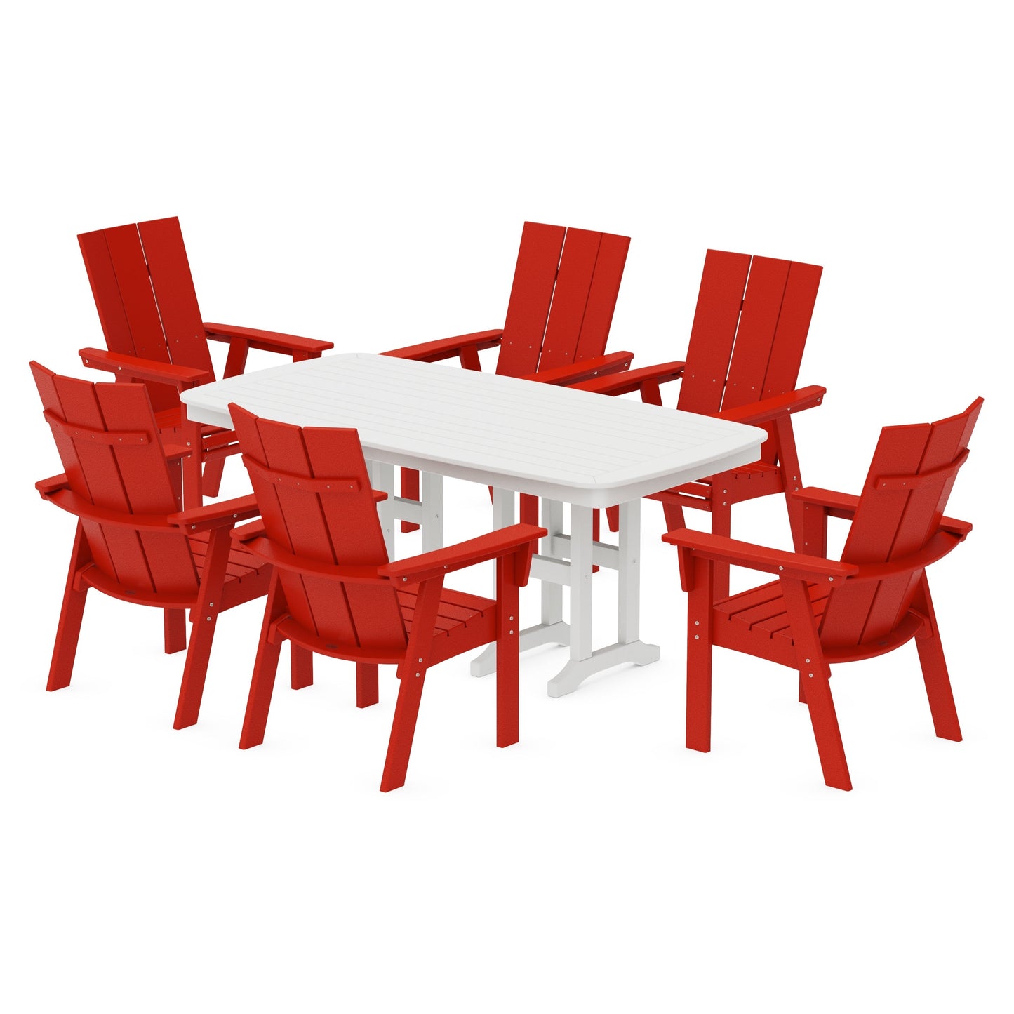 POLYWOOD Modern Curveback Adirondack 7-Piece Dining Set — Sunset Red / White