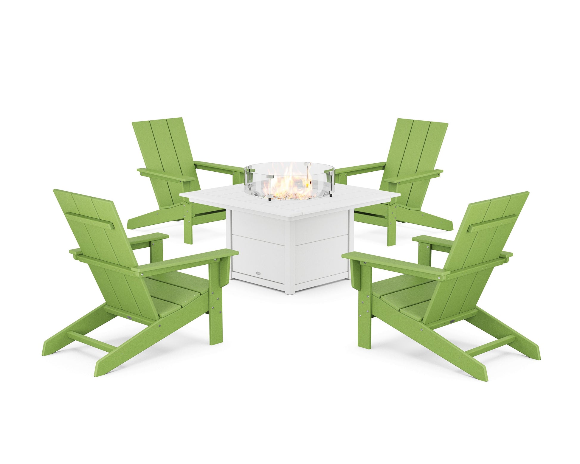 POLYWOOD 5-Piece Modern Studio Adirondack Conversation Set with Fire Pit Table — Lime / White