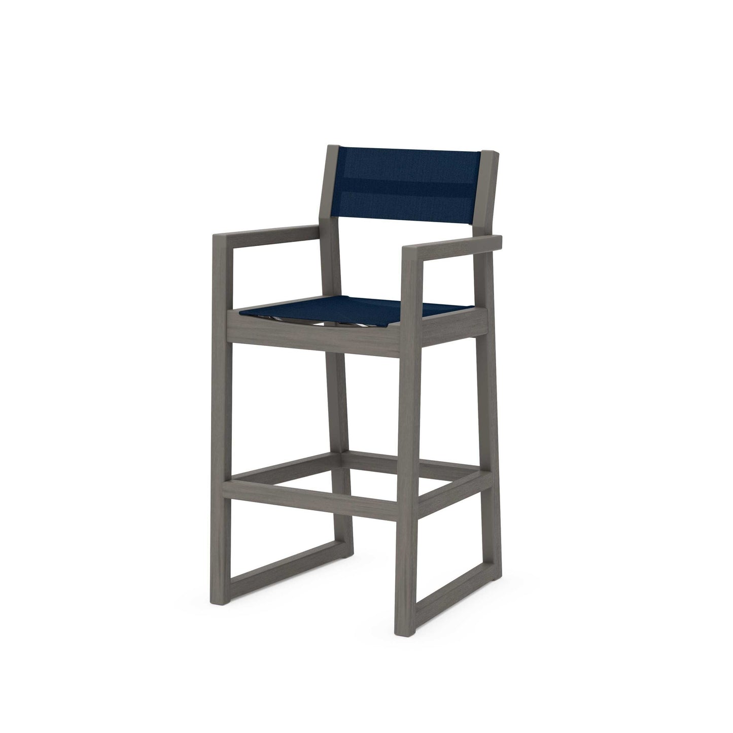 POLYWOOD EDGE Sling Bar Arm Chair — Driftwood / Navy Blue Sling