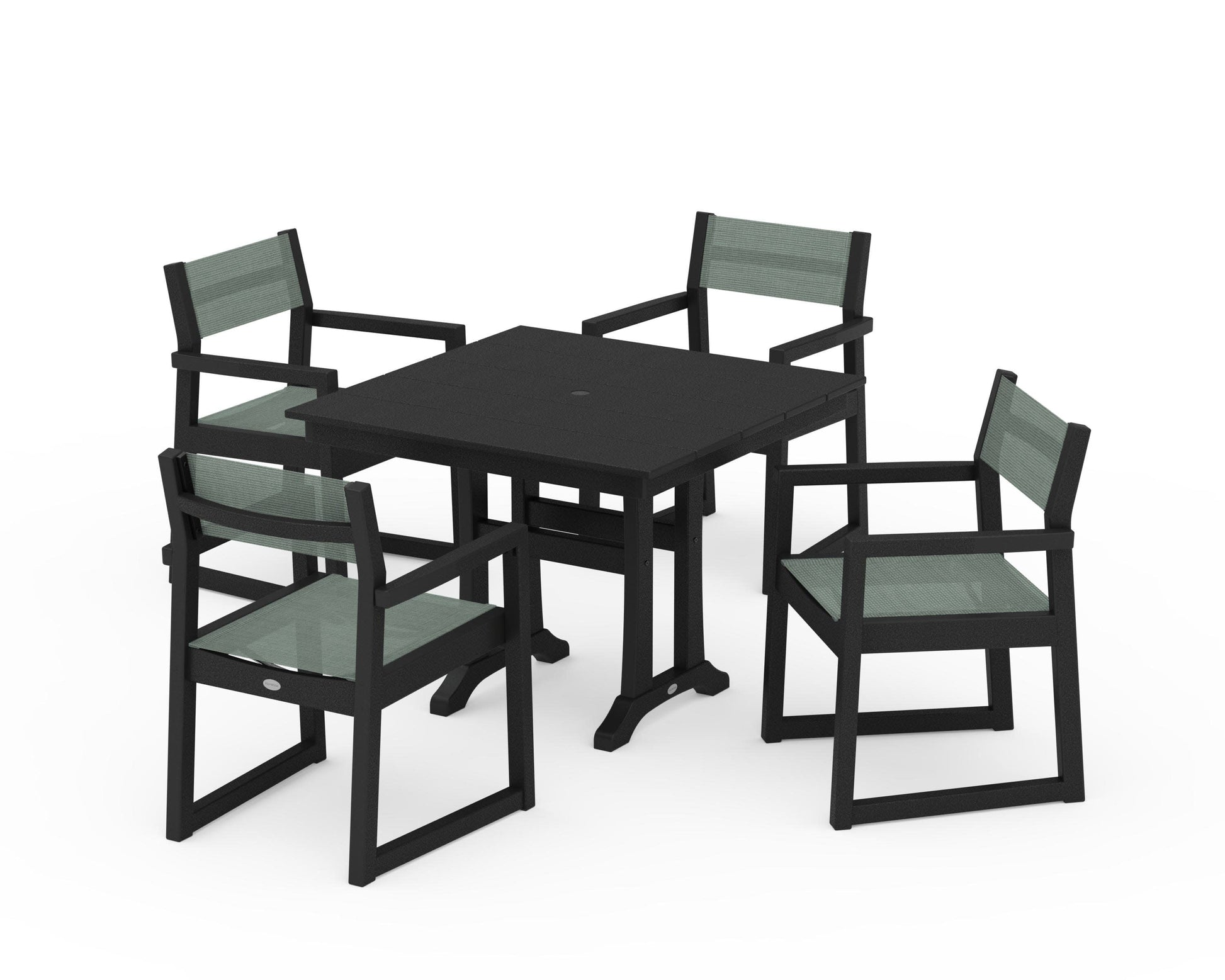 POLYWOOD EDGE Sling 5-Piece Farmhouse Dining Set with Trestle Legs — Black / Dupioni Sea Mist Sling