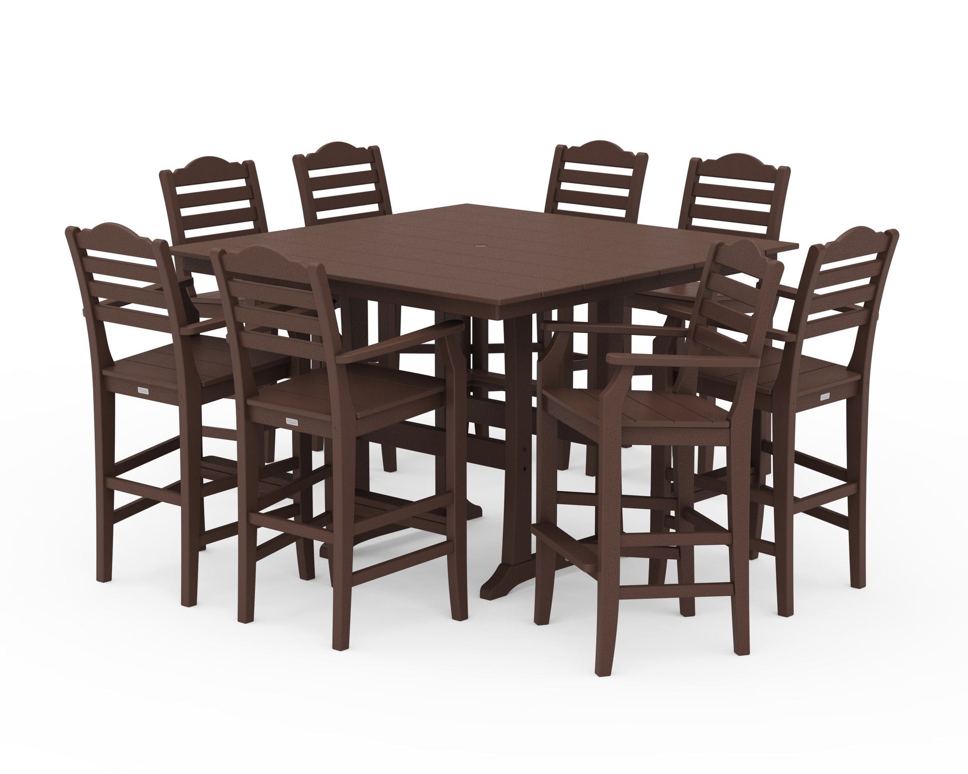 POLYWOOD Savannah 9-Piece Square Farmhouse Bar Set with Trestle Legs — Mahogany
