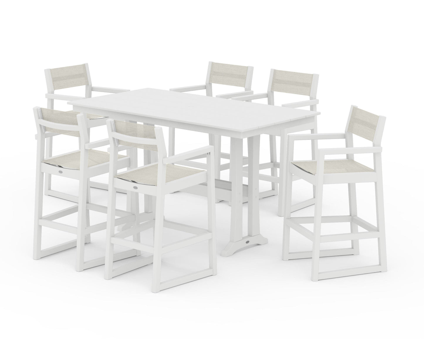 POLYWOOD EDGE Sling Arm Chair 7-Piece Farmhouse Bar Set with Trestle Legs — White / Parchment Sling