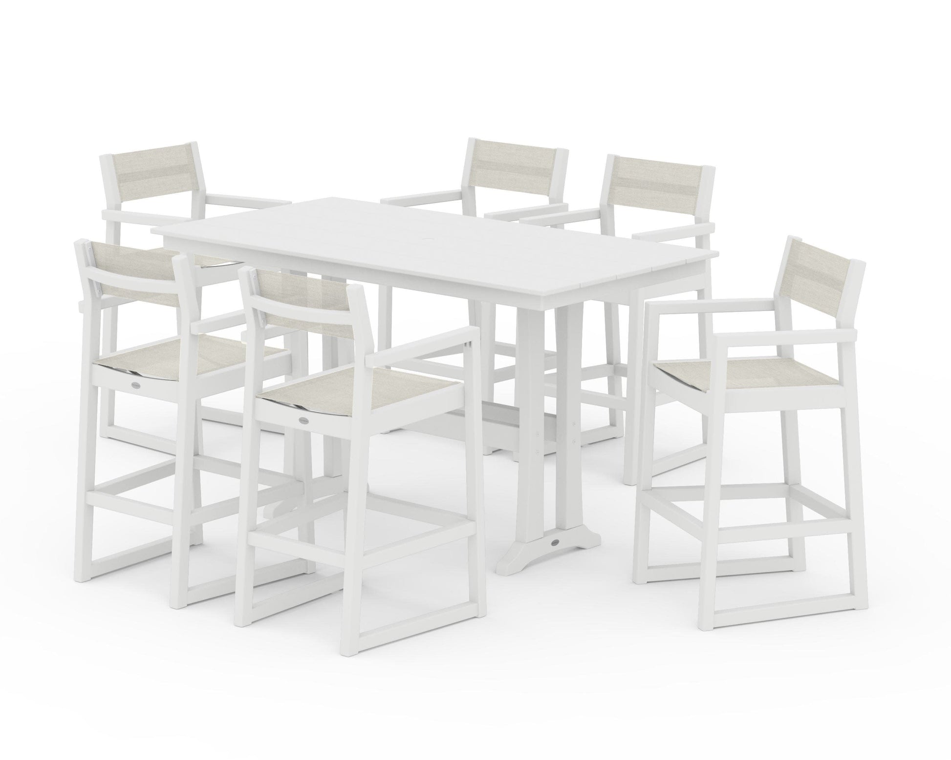 POLYWOOD EDGE Sling Arm Chair 7-Piece Farmhouse Bar Set with Trestle Legs — White / Parchment Sling