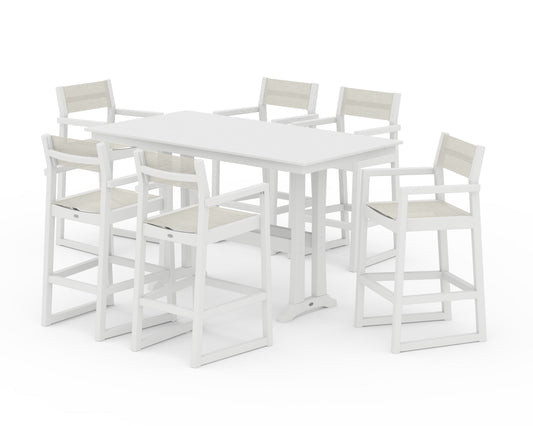 POLYWOOD EDGE Sling Arm Chair 7-Piece Farmhouse Bar Set with Trestle Legs — White / Parchment Sling