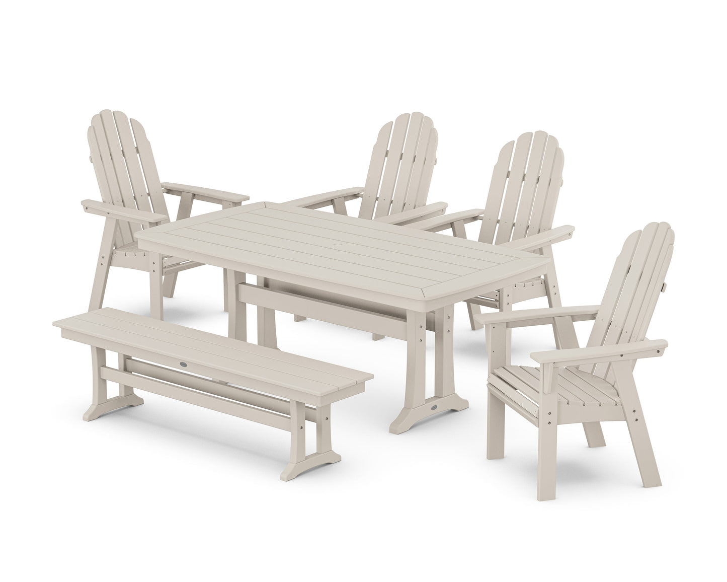 POLYWOOD Vineyard Curveback Adirondack Chair 6-Piece Dining Set with Trestle Legs and Bench — Sand