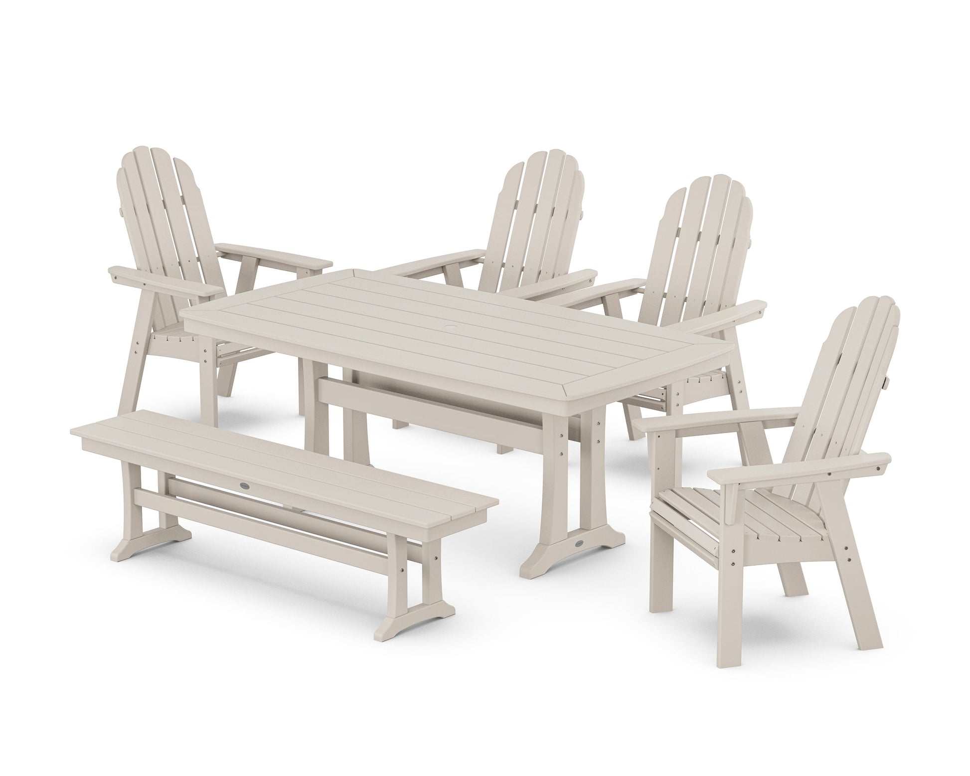 POLYWOOD Vineyard Curveback Adirondack Chair 6-Piece Dining Set with Trestle Legs and Bench — Sand
