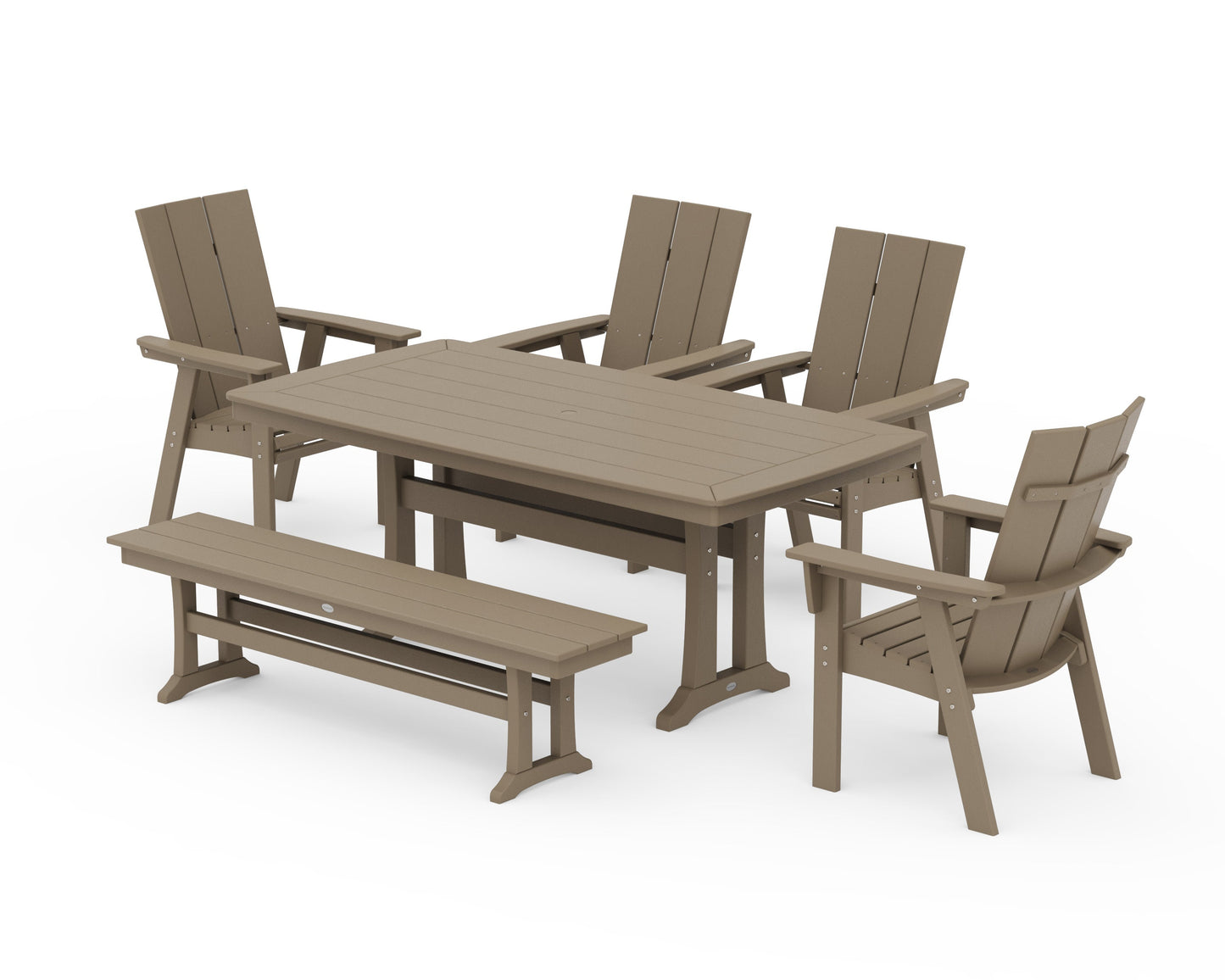 POLYWOOD Modern Curveback Adirondack 6-Piece Farmhouse Dining Set with Trestle Legs and Bench — Vintage Sahara