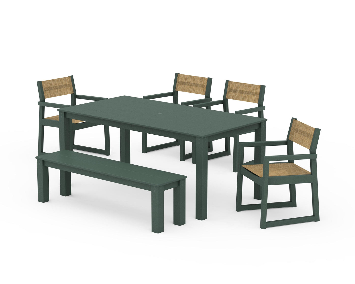 POLYWOOD EDGE Sling Arm Chair 6-Piece Parsons Dining Set with Bench — Green / Burlap Sling