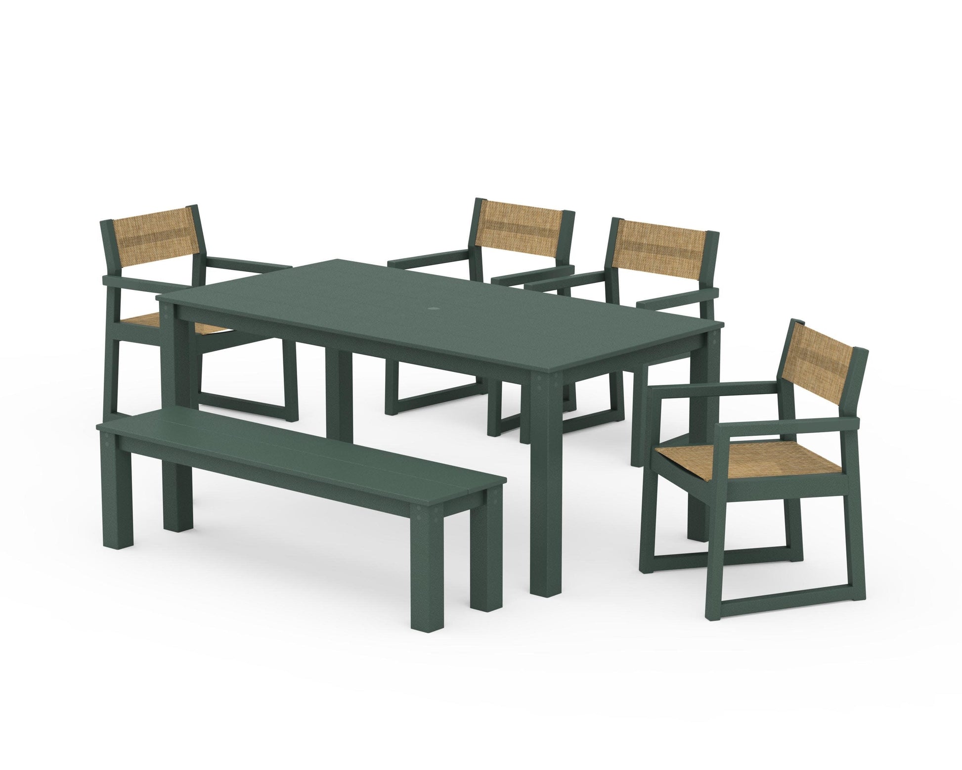 POLYWOOD EDGE Sling Arm Chair 6-Piece Parsons Dining Set with Bench — Green / Burlap Sling
