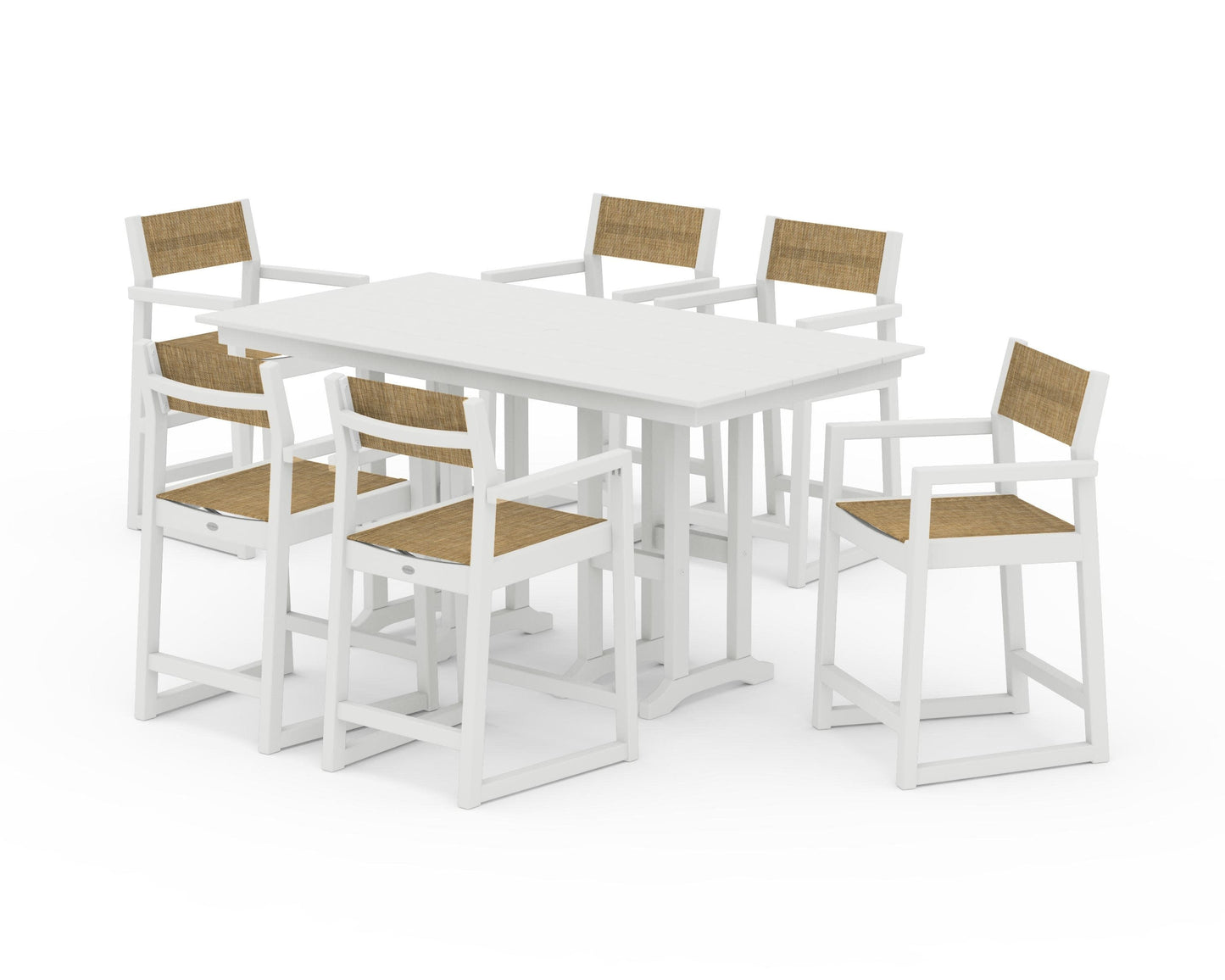 POLYWOOD EDGE Sling Arm Chair 7-Piece Farmhouse Counter Set — Vintage White / Burlap Sling