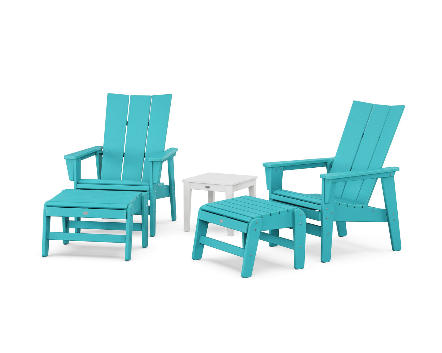 POLYWOOD 5-Piece Modern Grand Upright Adirondack Set with Ottomans and Side Table — Aruba / White