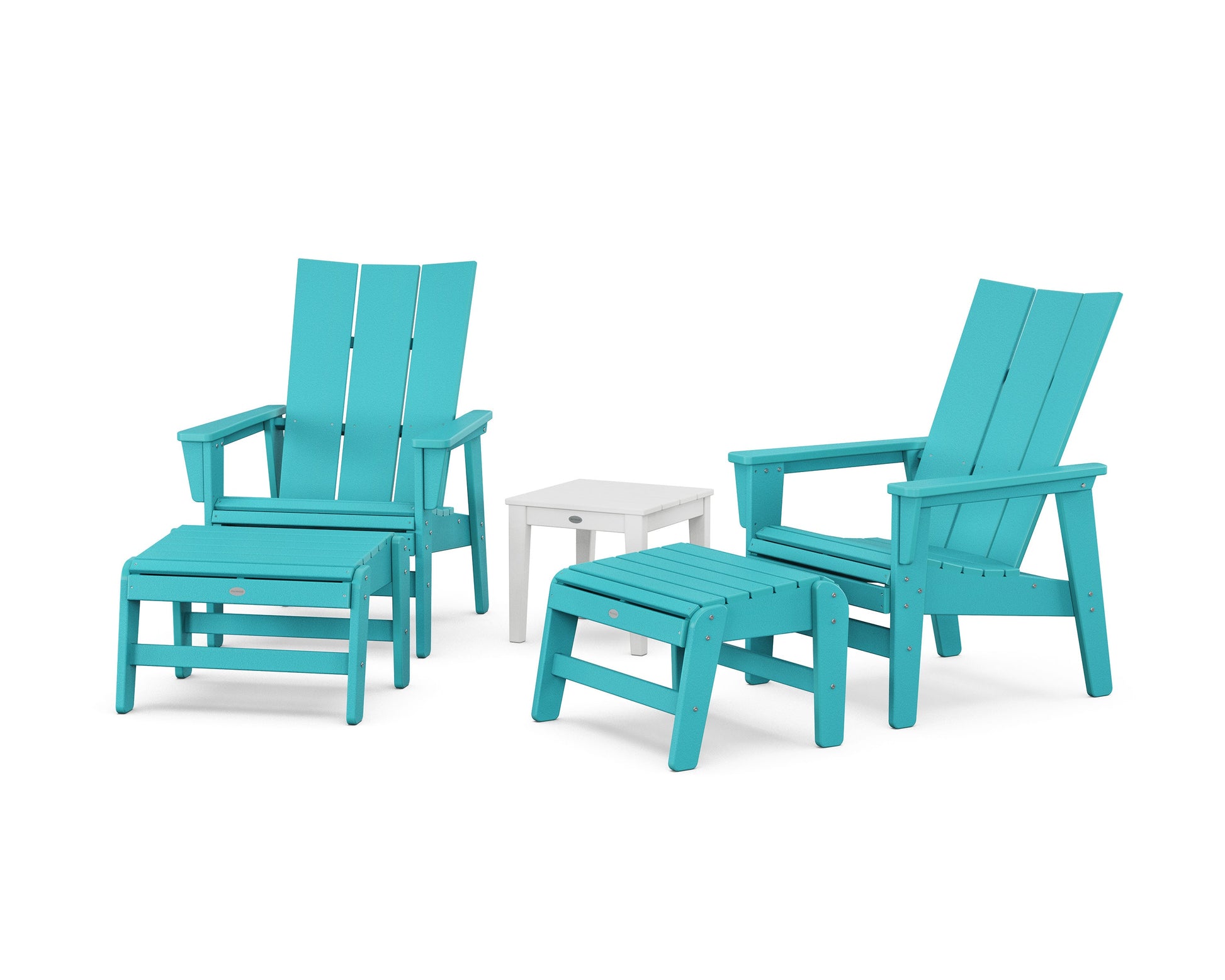 POLYWOOD 5-Piece Modern Grand Upright Adirondack Set with Ottomans and Side Table — Aruba / White
